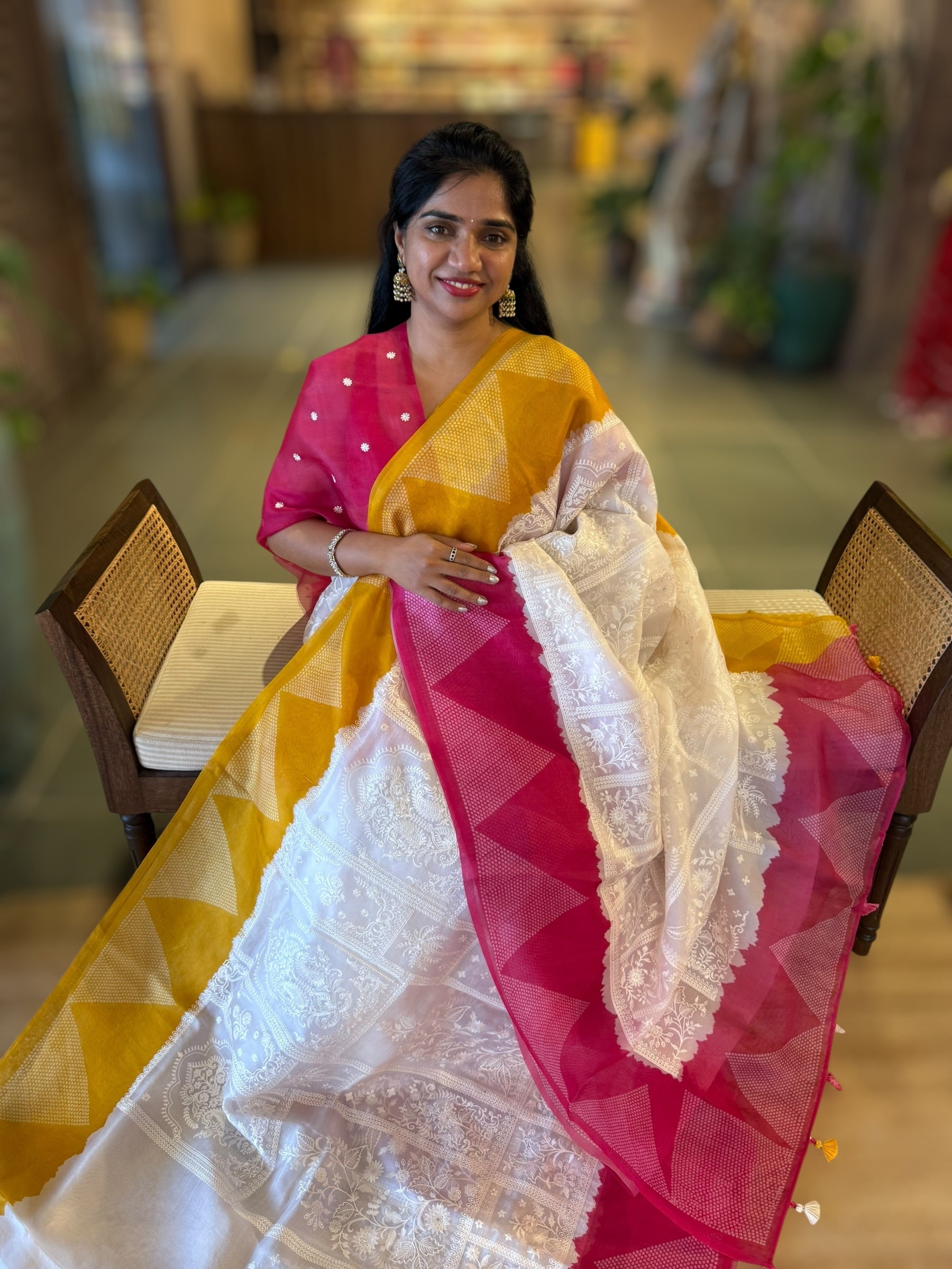 Organza Chikankari Embroidery Saree With Ganga Jamuna Bandhini Temple Borders