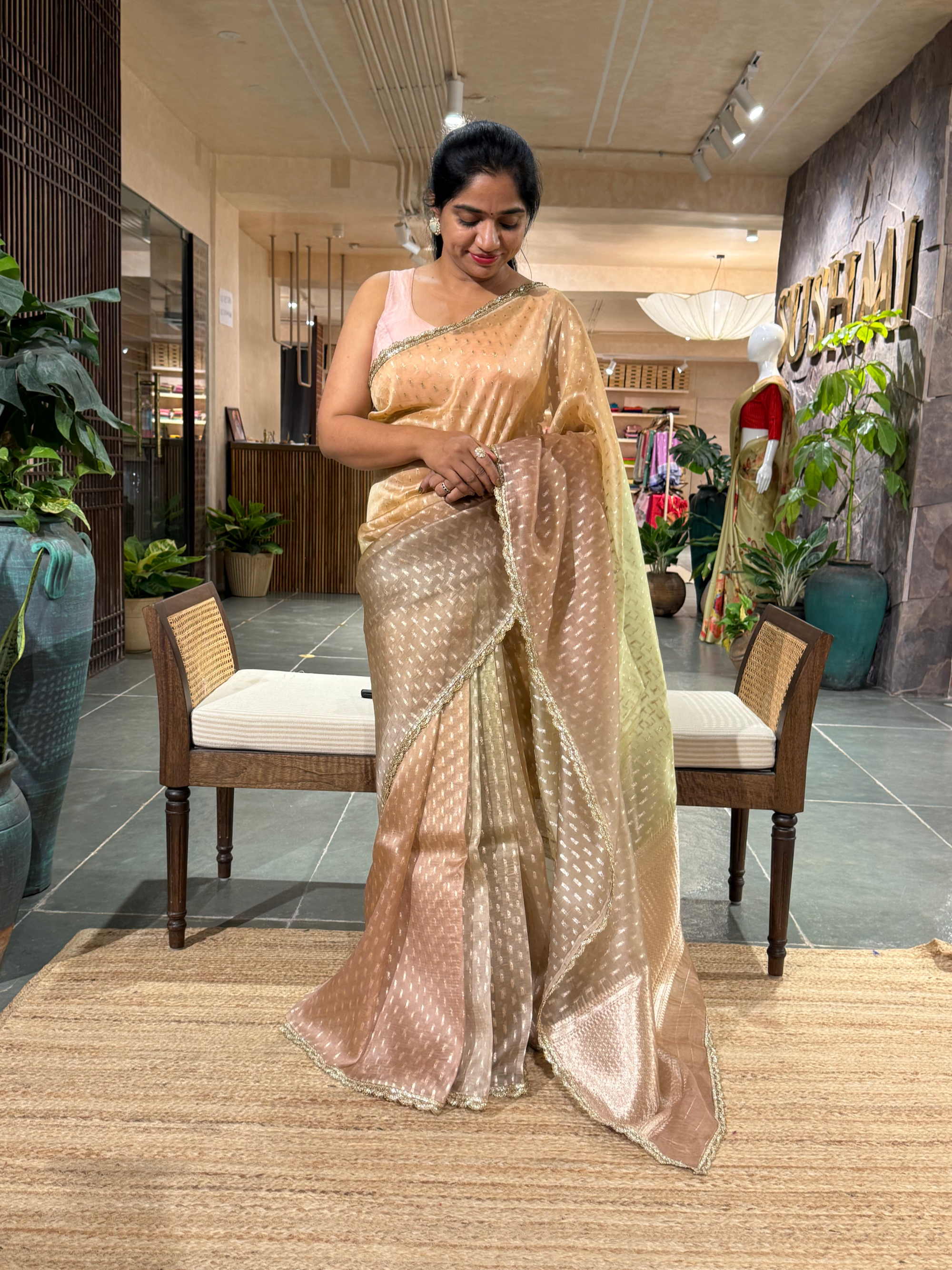 Ombre Dyed Pure Organza Saree with allover zari butis and  Embroidered Blouse
