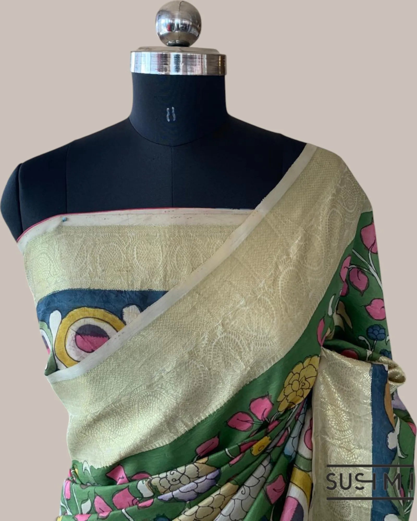 Green Kanchi Pen kalamkari handpainted saree with heavy borders