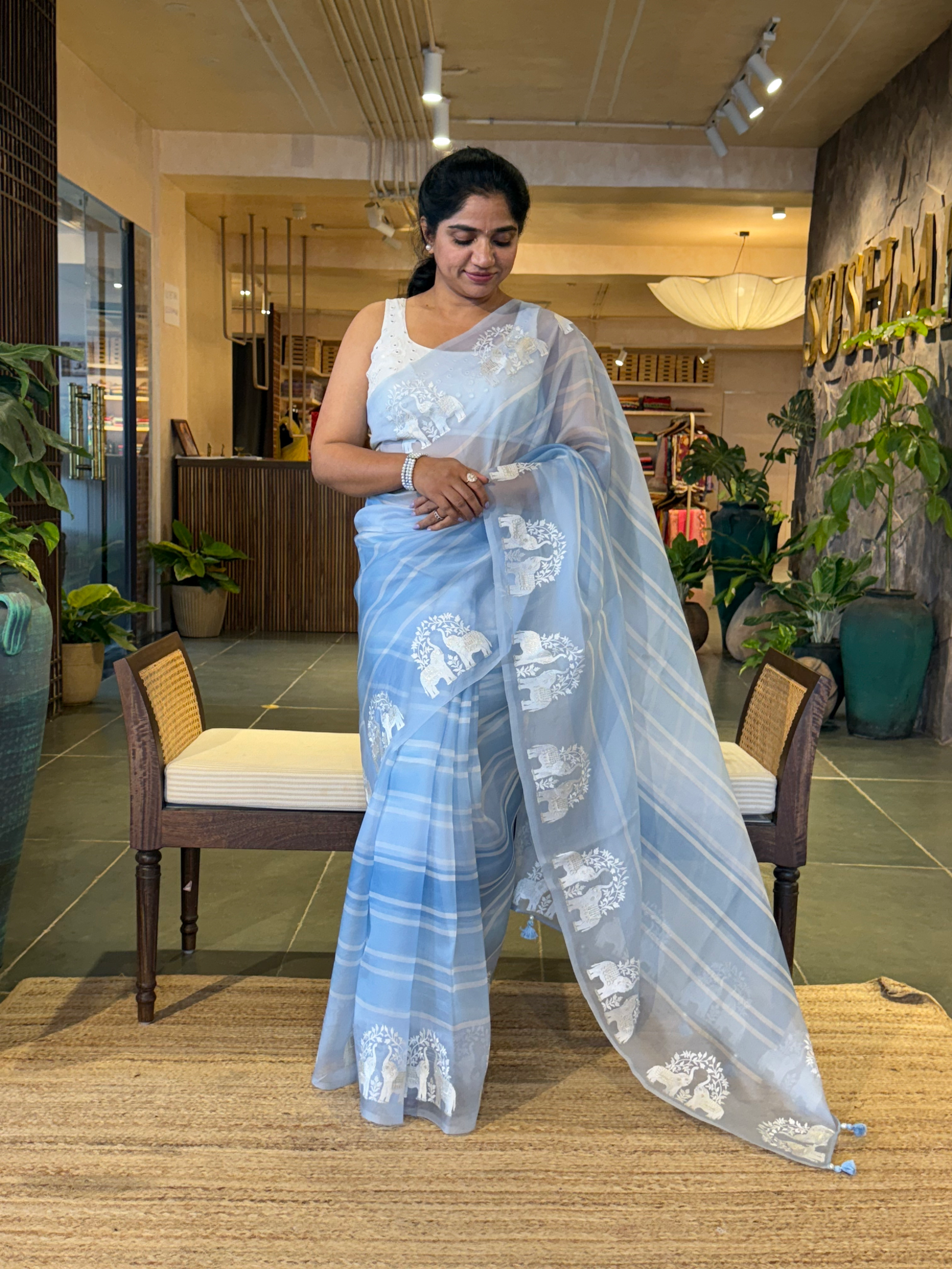 DOEA2701 Blue Shaded Pure Organza  Saree with Embroidery
