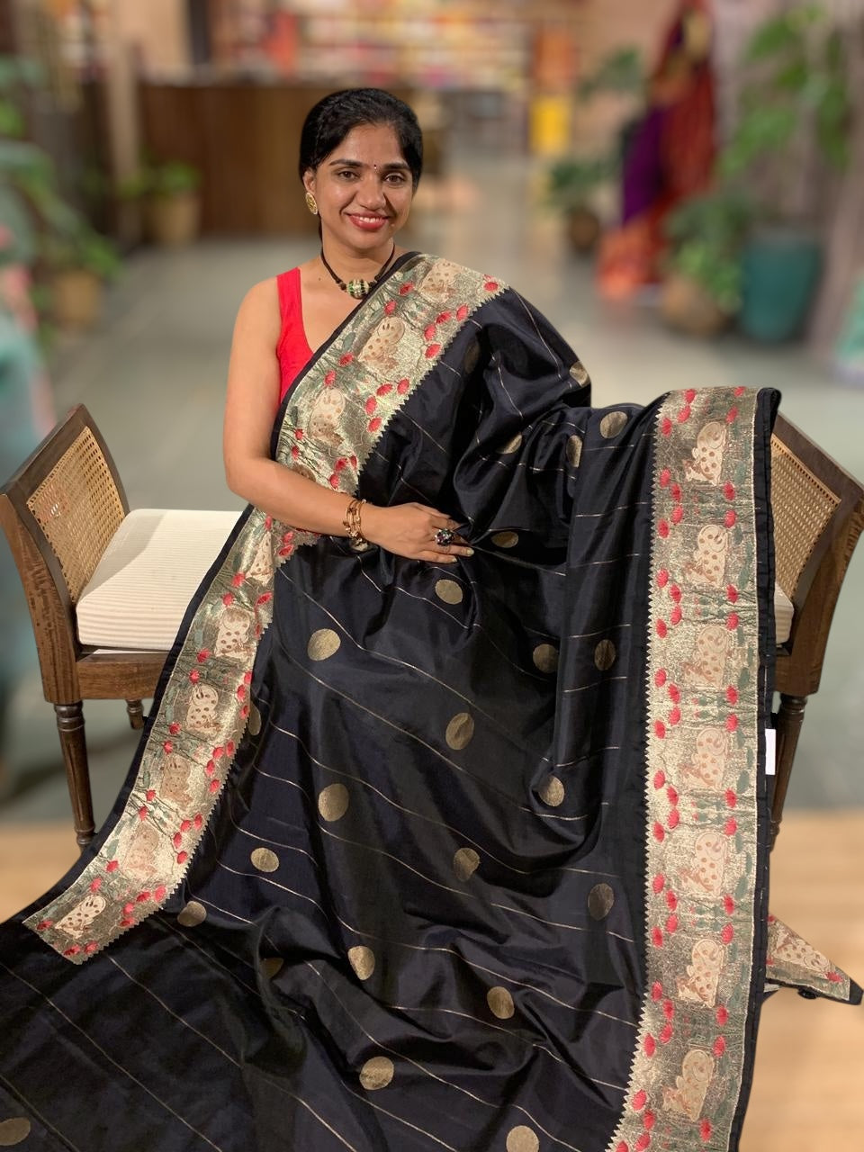 Black Kanjeevaram Silk Saree With Tissue Pichwai Embroidery Border