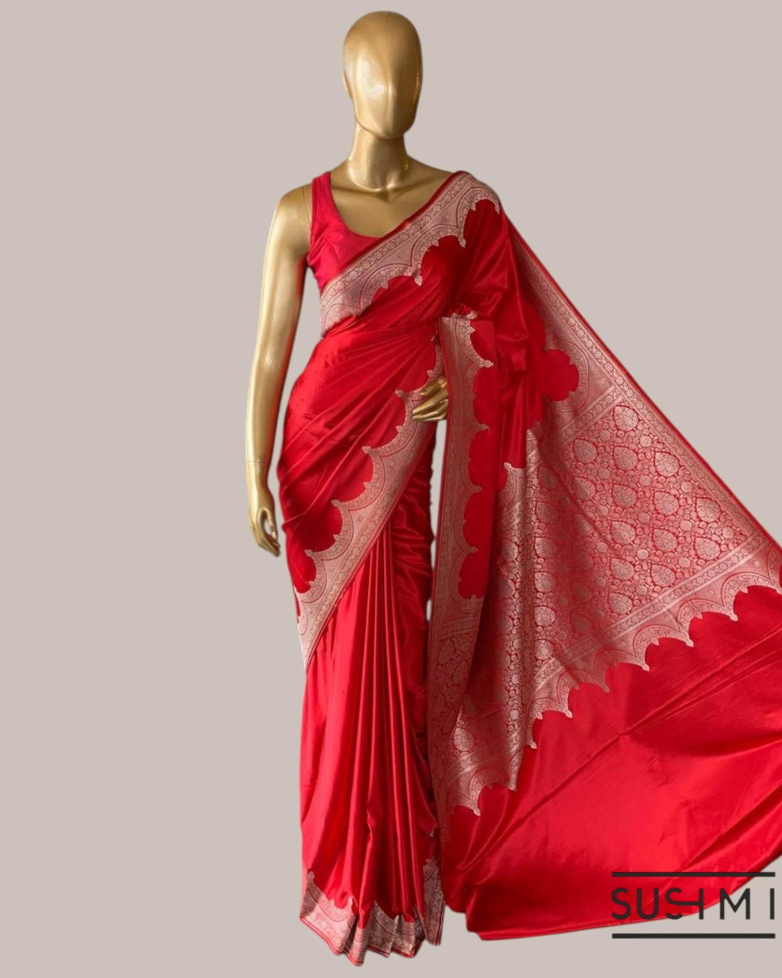 Chilli Red Mashru Silk Saree With Scalloped Border