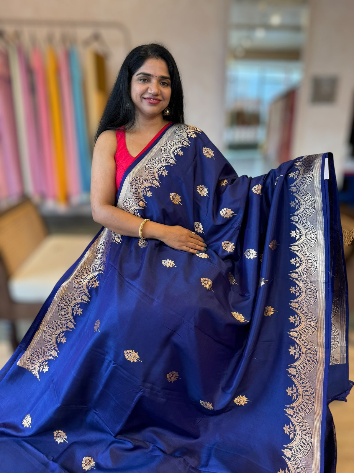 Midnight Blue Banarasi Poona Silk Saree with Open Borders & Kaduwa Weaving