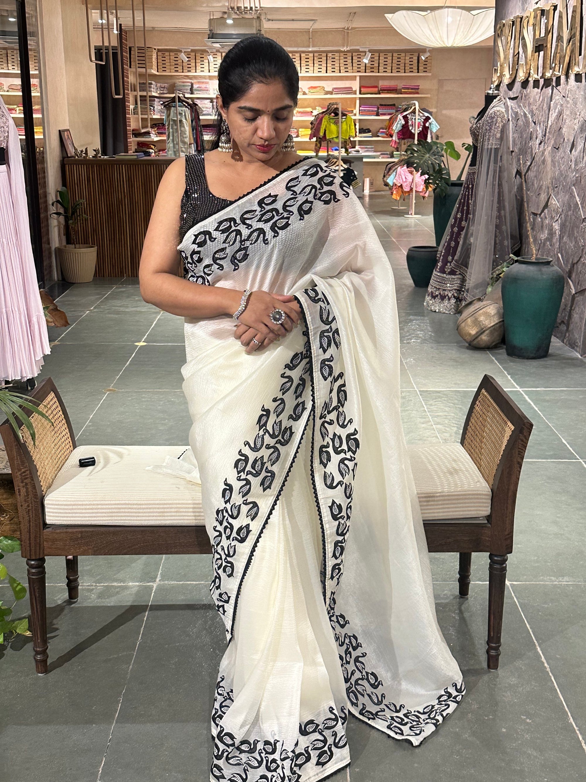 Half white Crush Organza Saree with Ducks applique work and embroidery