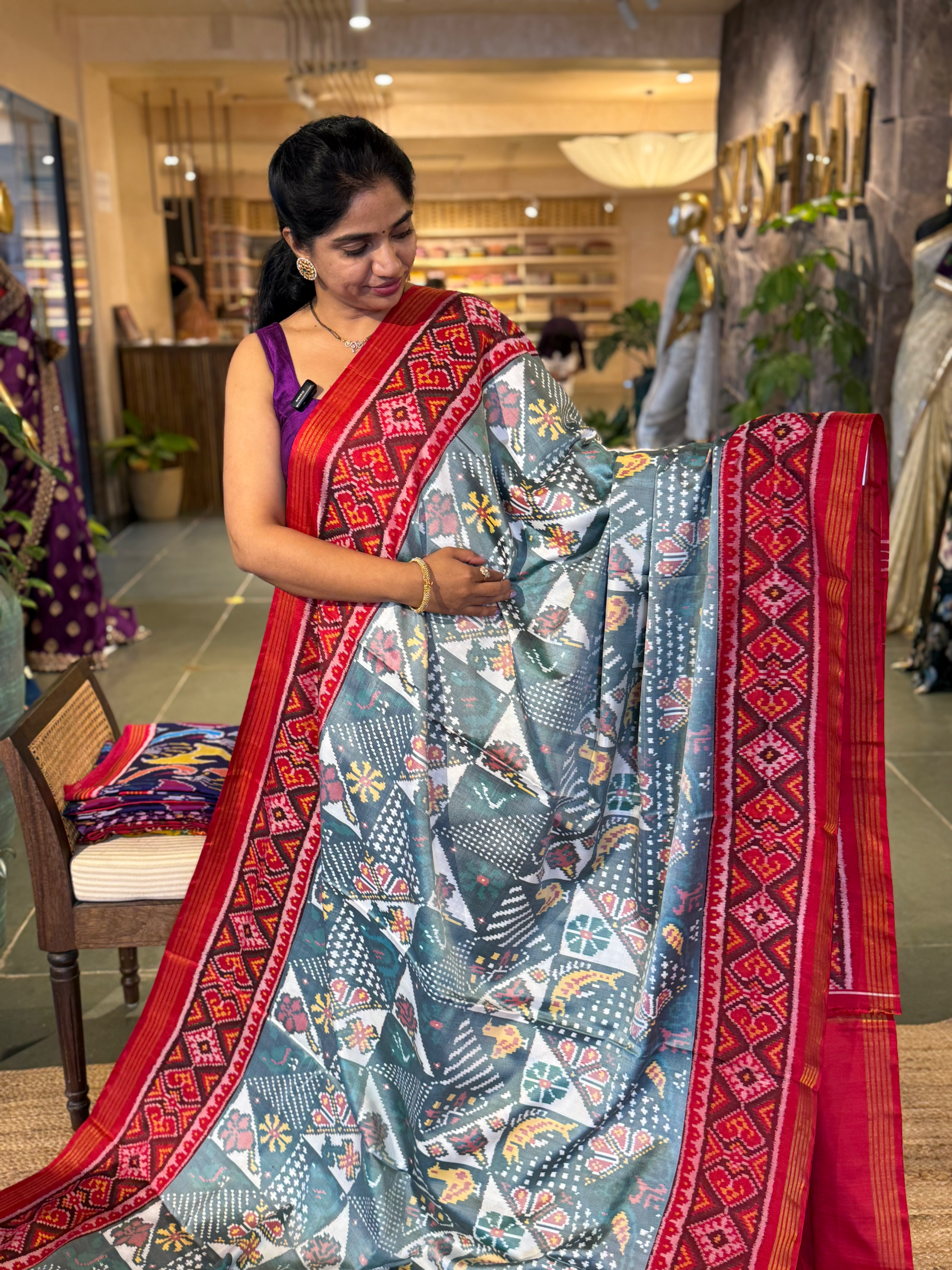 Light Blue and  Red Combo Pure Patan Patola Saree with Unique Concept Body