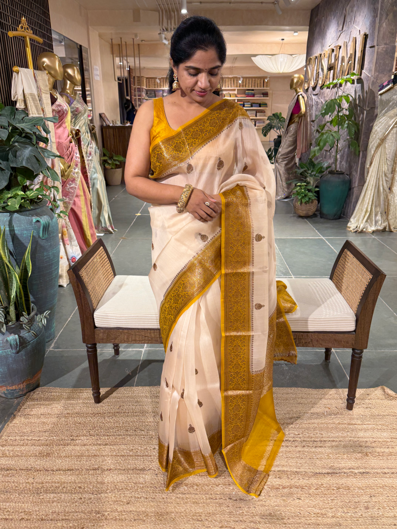 Vanilla and Mustard Combo Pure Handloom Kora Banarasi Saree