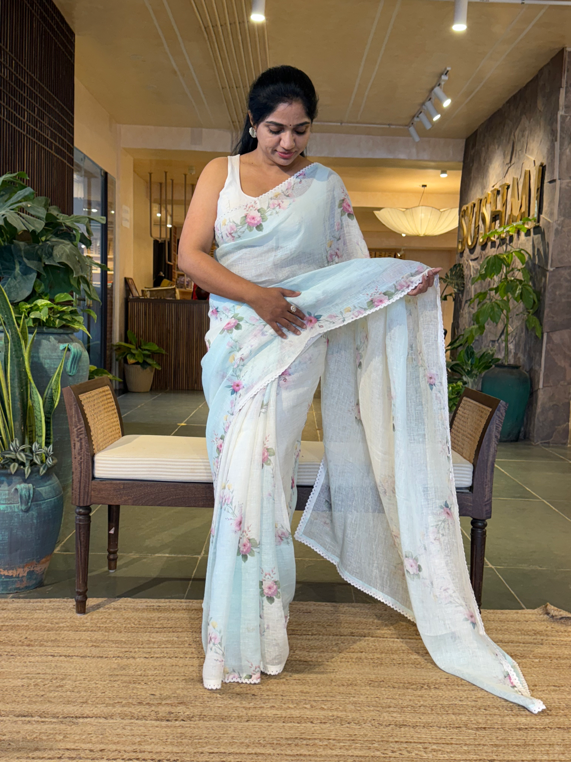 Skyblue Pure Handloom Linen Printed Saree in Lehariya Style