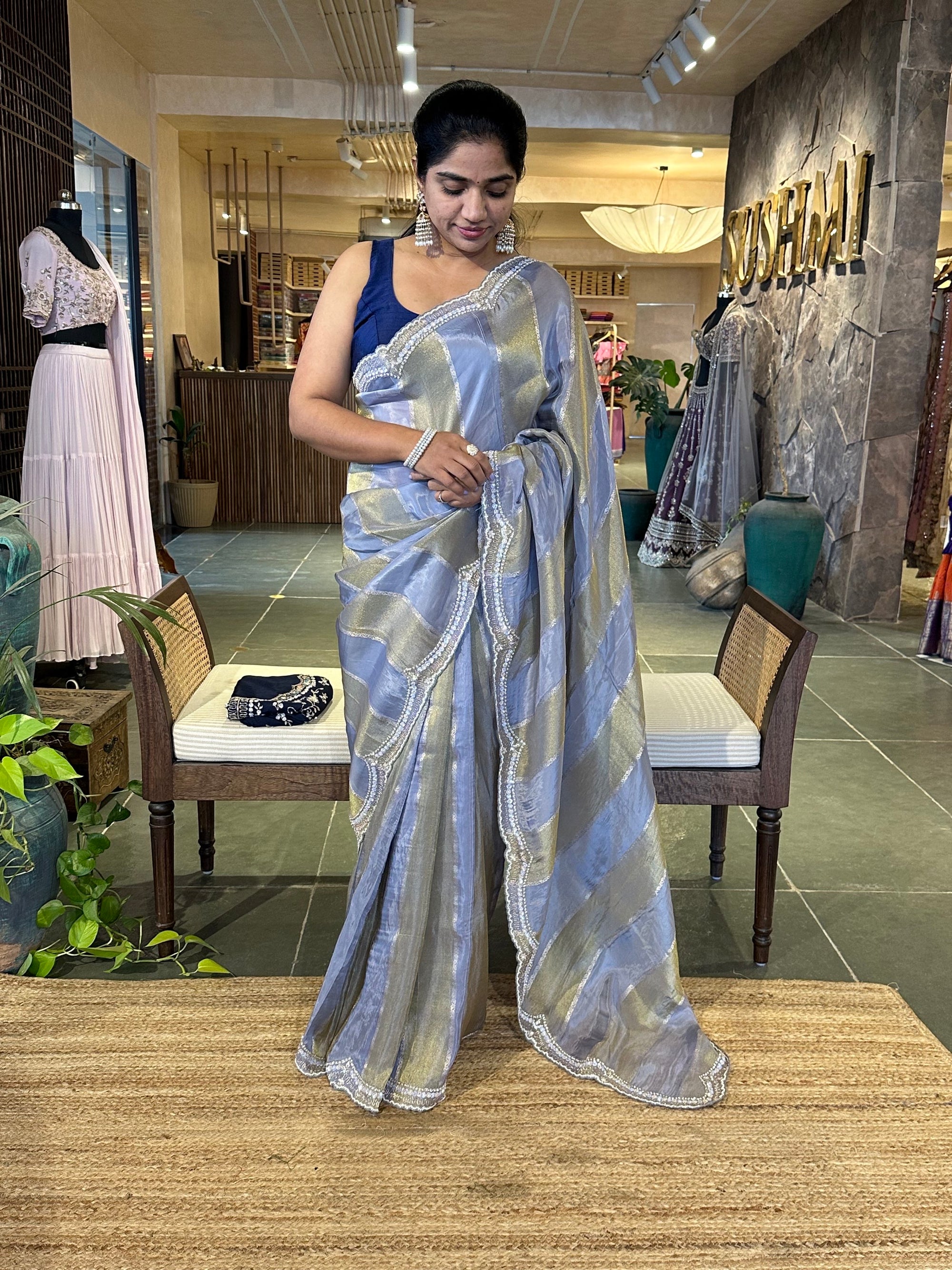 Slate Blue Tissue and kora brasso Saree with Scalloped handwork borders & blouse