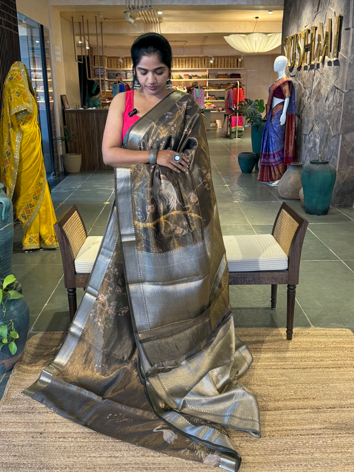 Brown Banarasi Floral Printed Cotton Saree with brocade pallu and blouse