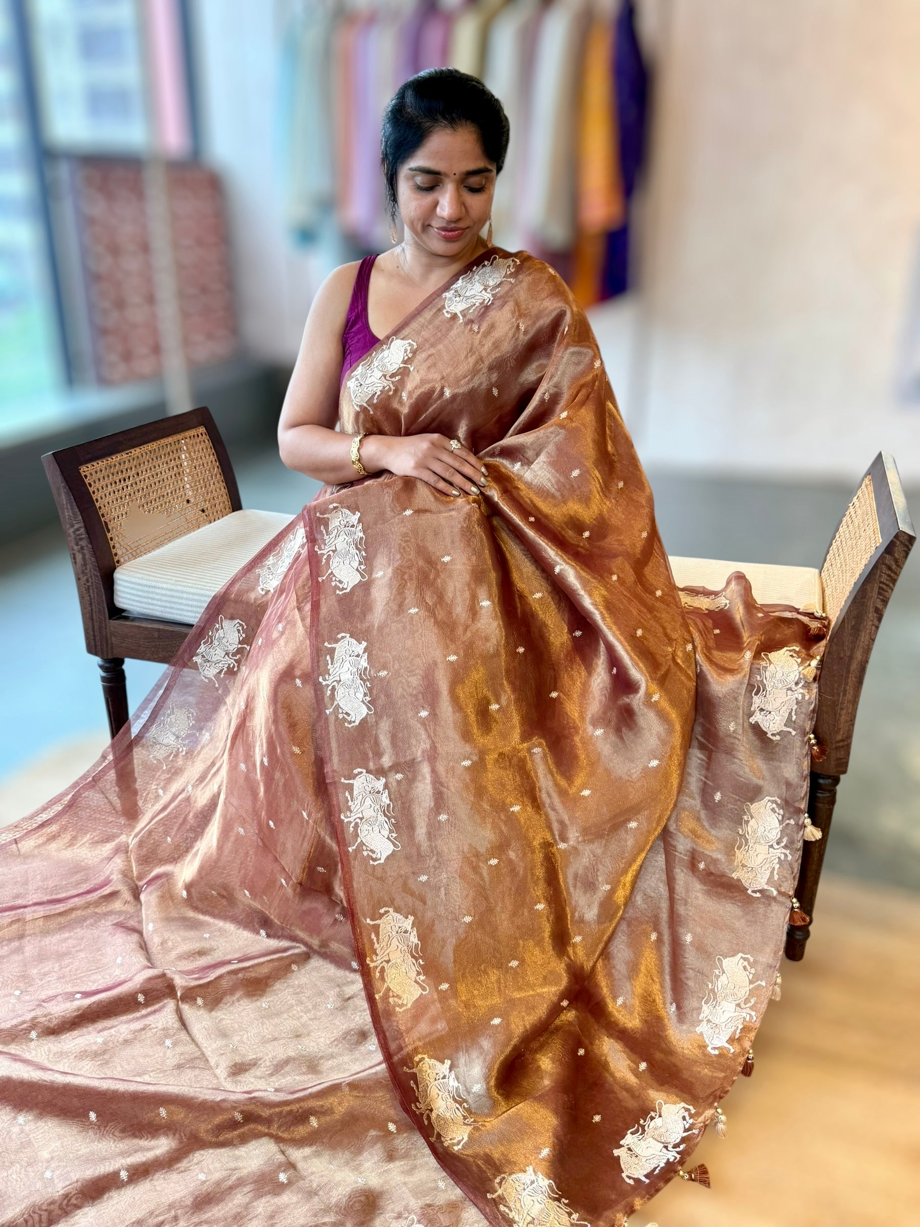 Honey Handloom Tissue Saree wth Nandi Embroidered Border & Stripes Tissue BP