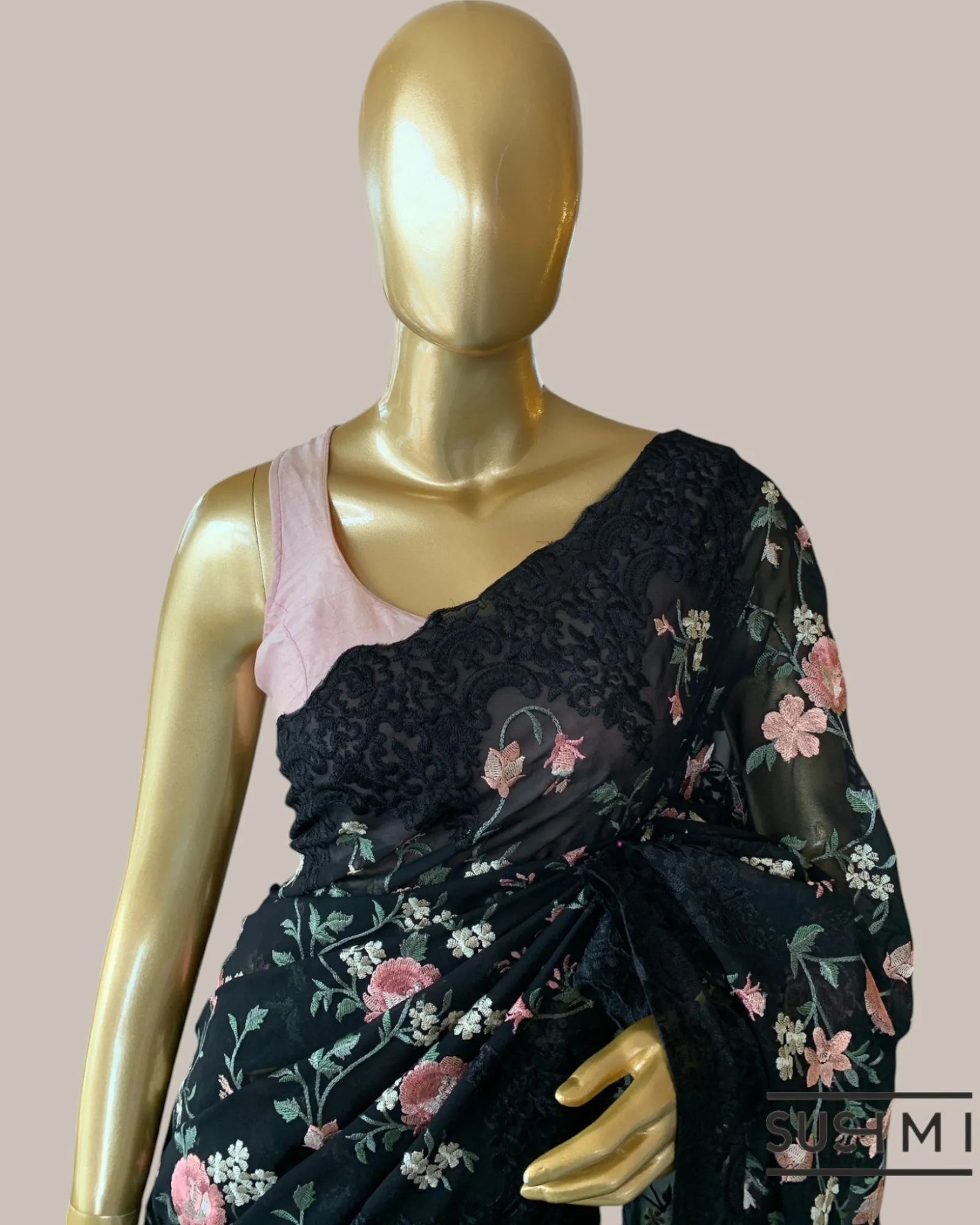 Black Pure Gorgette Saree With Petite Point Style Allover Embroidery   Original