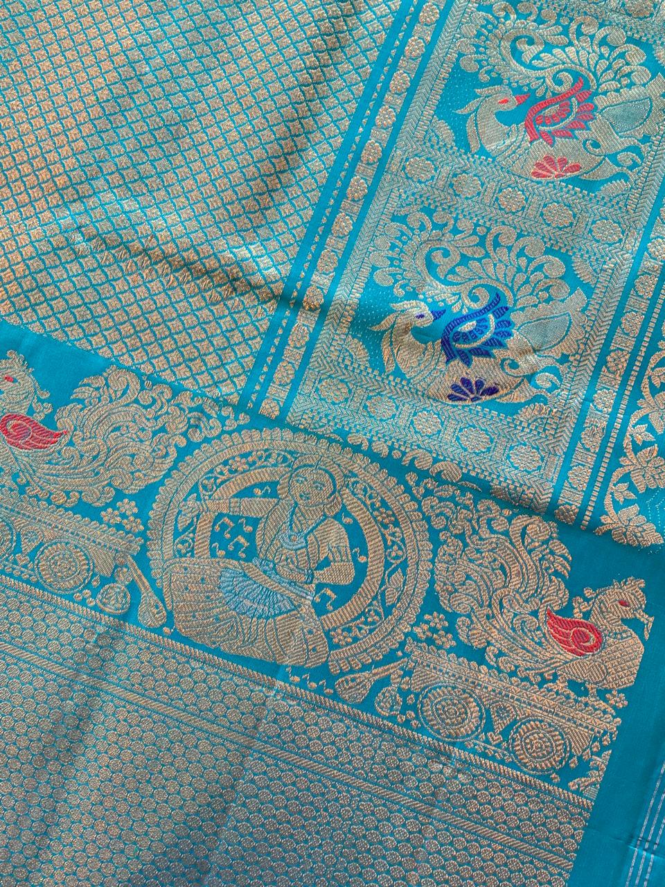Copper sulphate Blue Pure Handloom Gadwal Saree Turning Borders