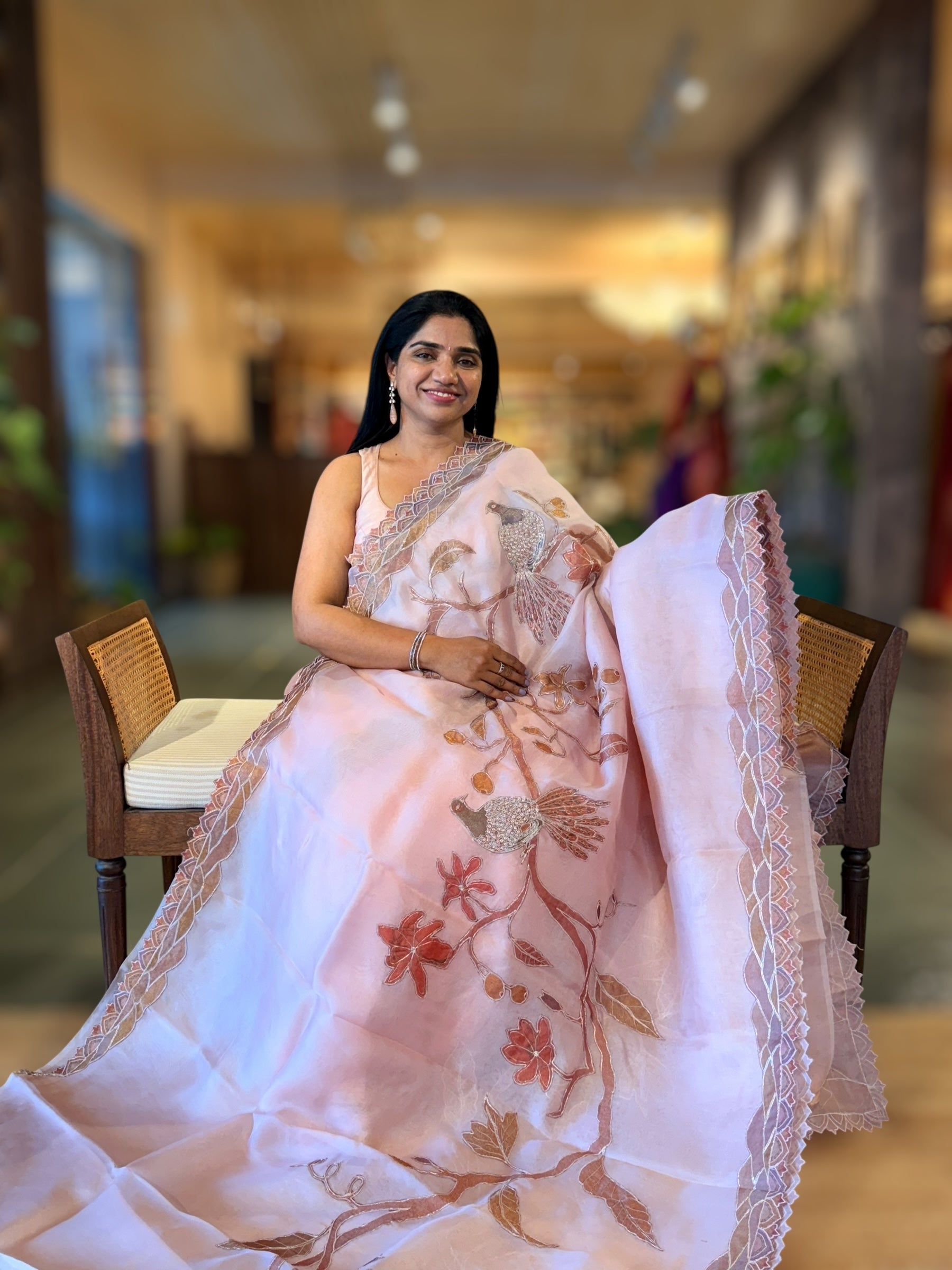 Dusty Pink Pure Organza Saree with one of a kind Tissue Applique work allover
