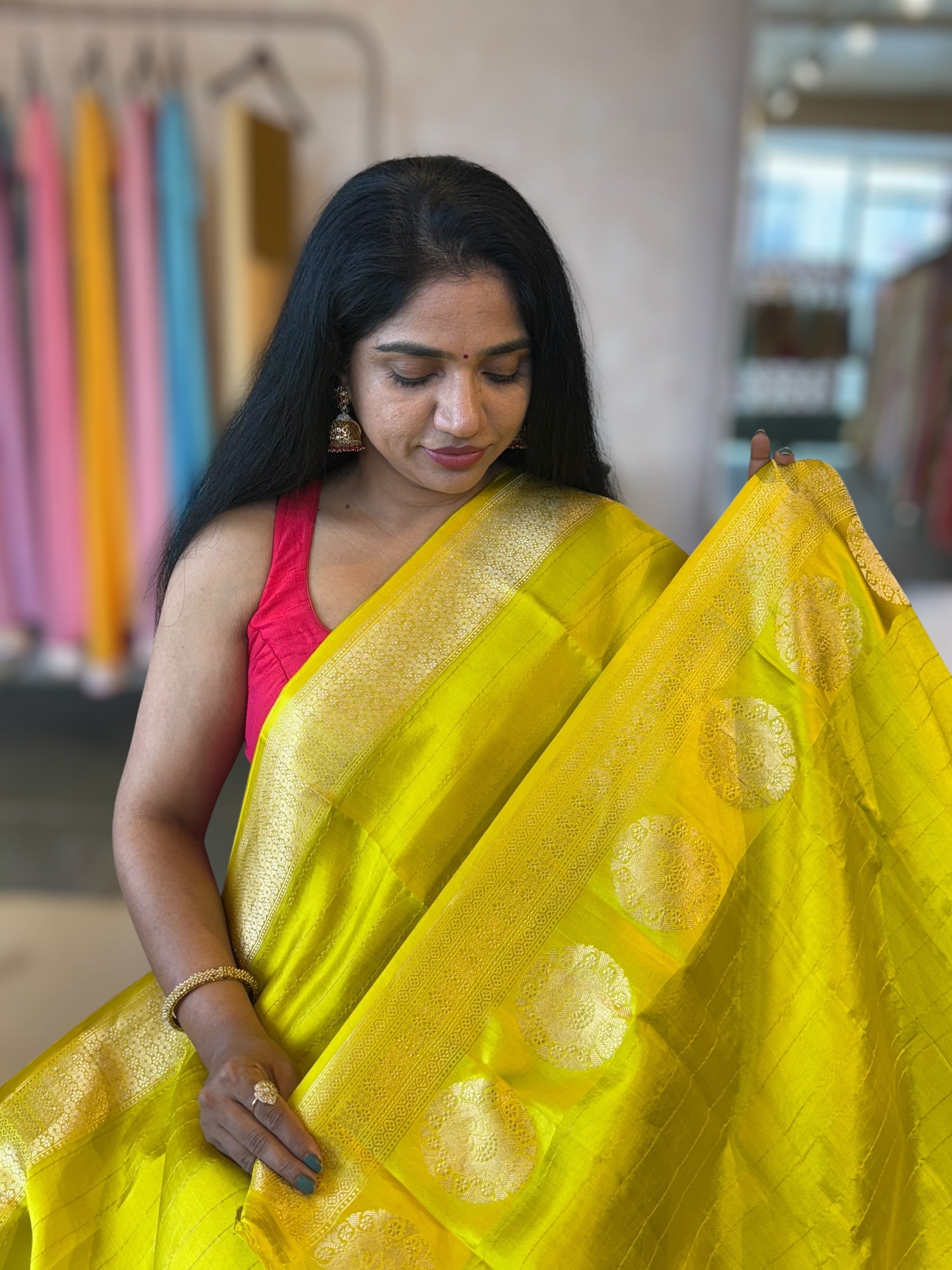 Neon Green Banarasi Raw Mango Silk Saree with Open Borders & Kaduwa Weaving