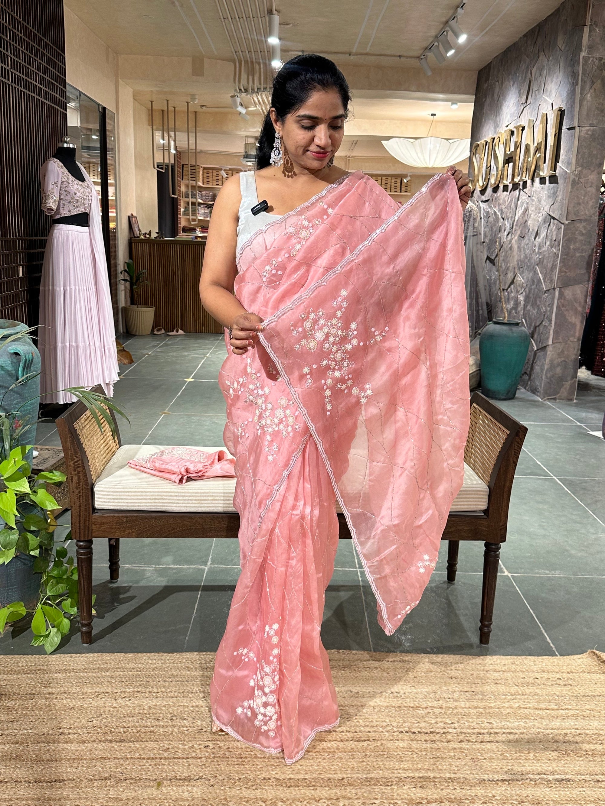 Blush Pink Organza heavy handwork saree