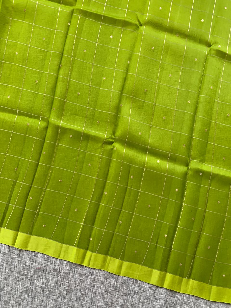 Parrot Green Handloom Banarasi Kora Checks Saree with Kaduwa Woven Zari Motifs .