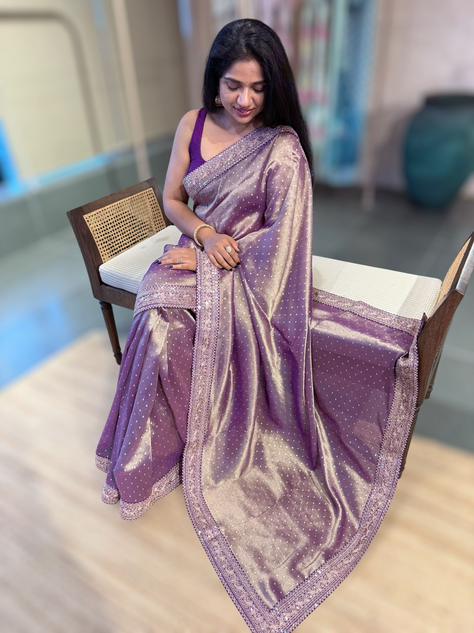 PurpleTissue Gorgette saree witj sabyasachi borders and allover pitawork blouse