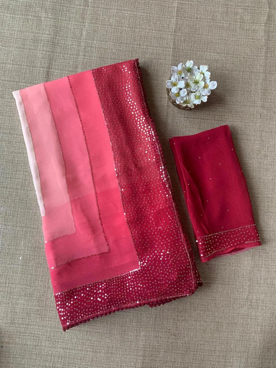 Pure Gorgette Saree With Shaded Sequnce Border