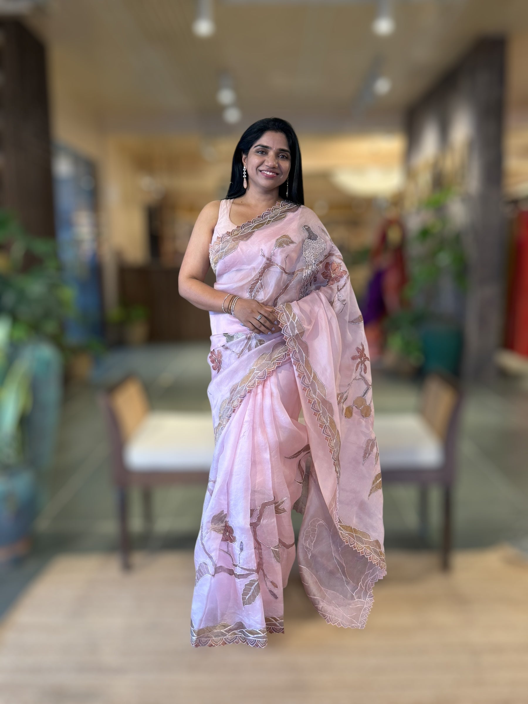 Rose Pink Pure Organza Saree with one of a kind Tissue Applique work allover