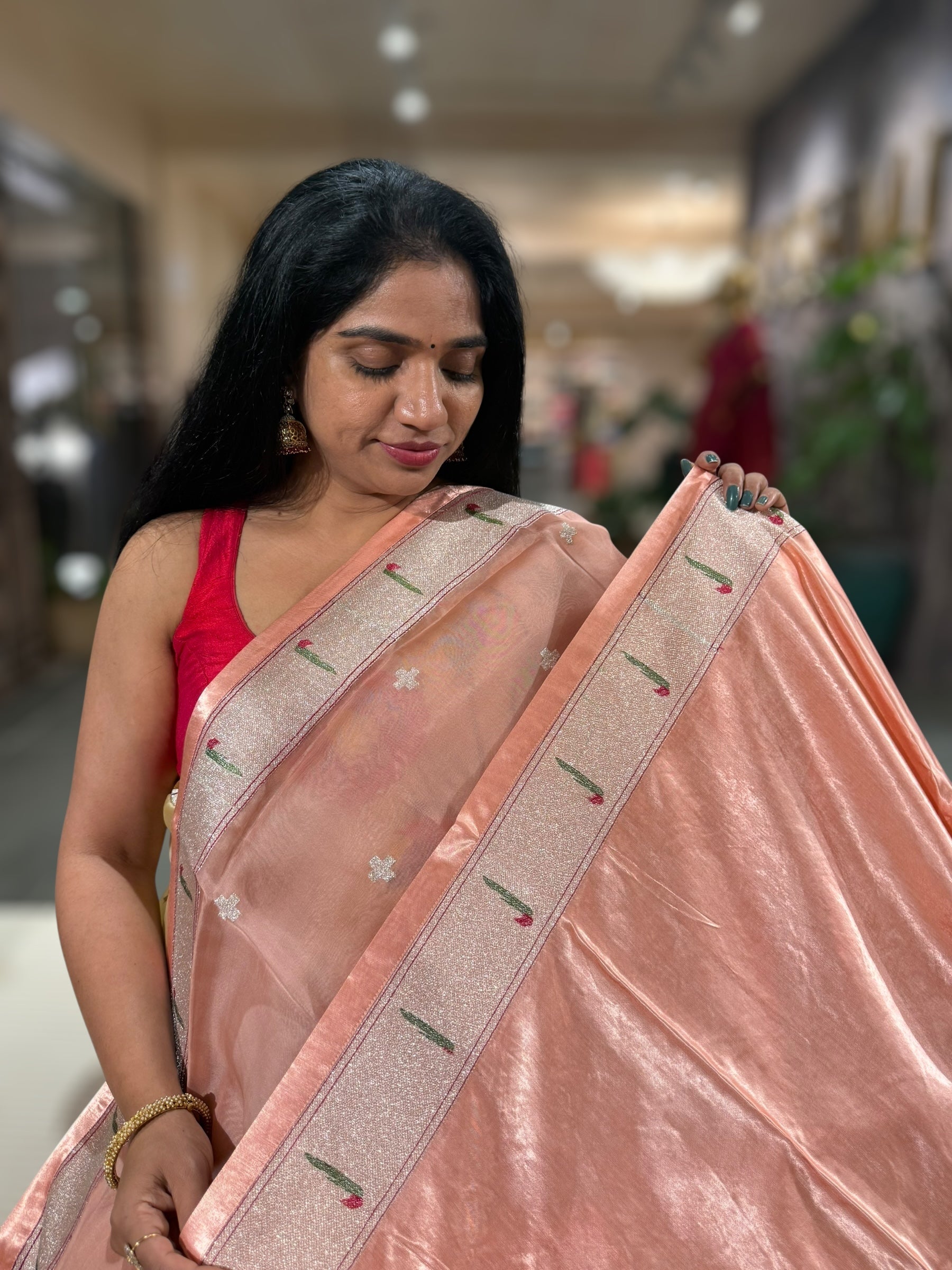 Peach Organza Silk Saree With Jamdani Inspired Embroidery