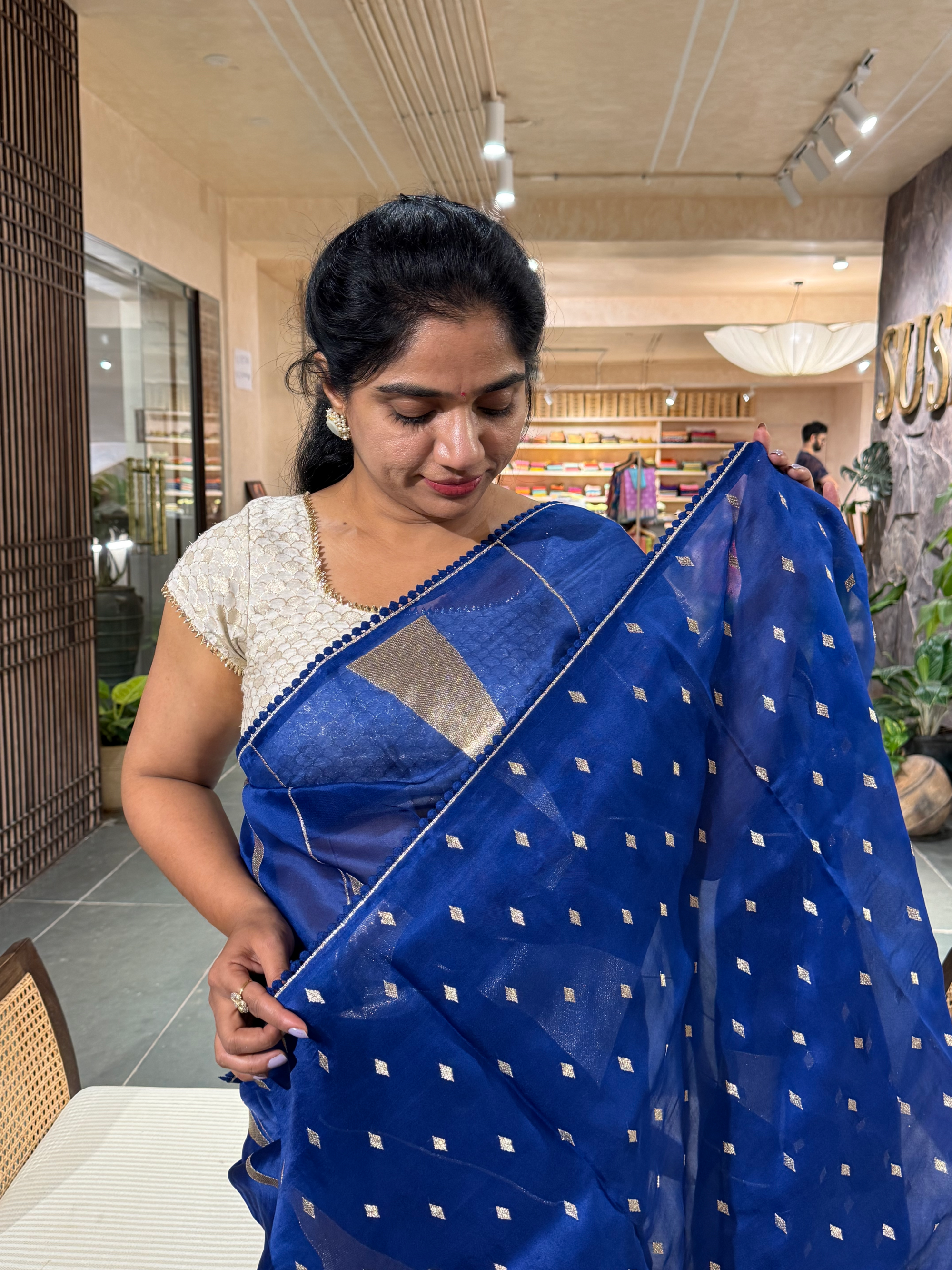 SOCA101 Royal Blue Pure Organza Silk Saree in contemporary style