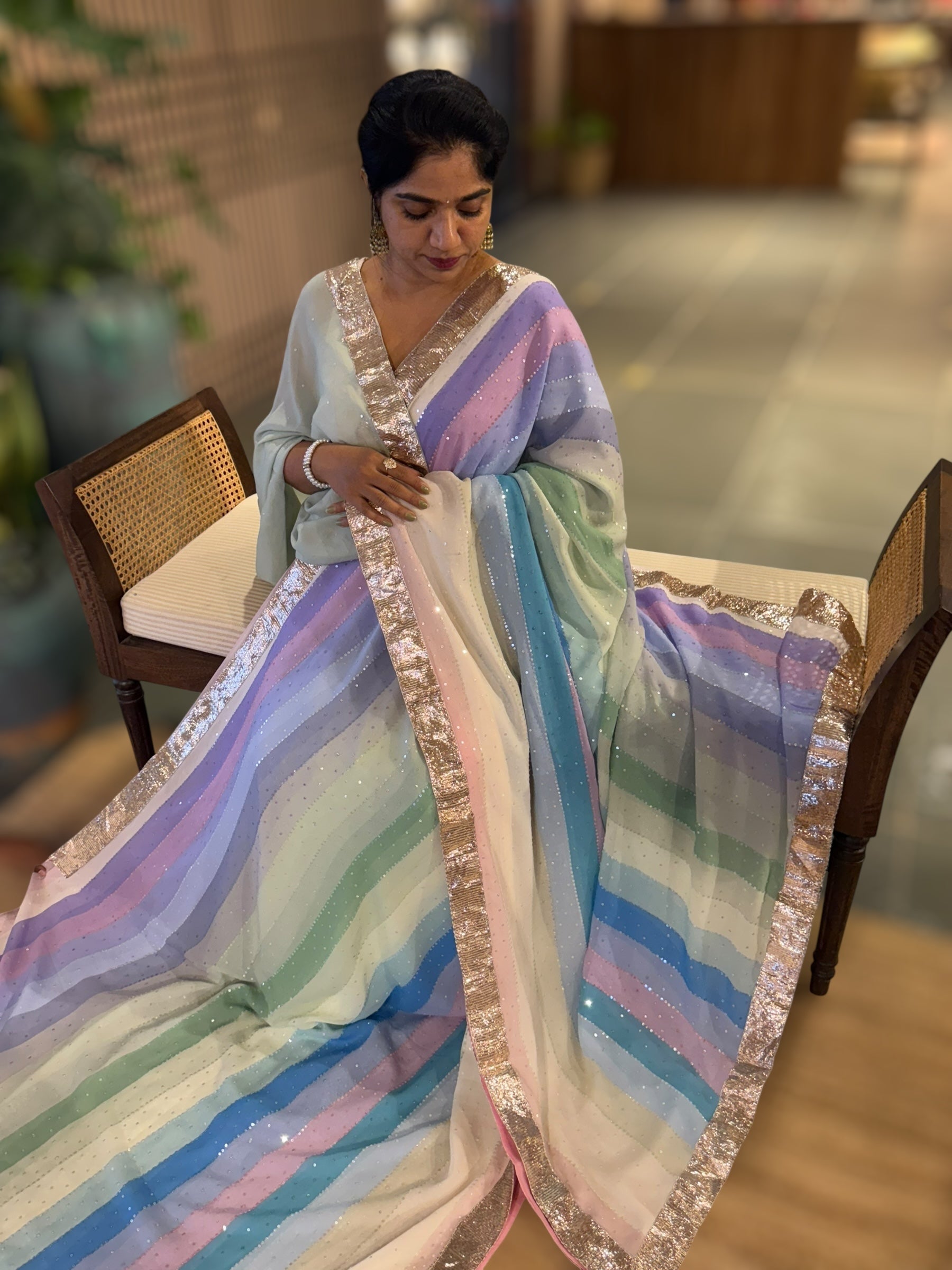 Multi Color Stripes Gorgette Sequnce Saree  With Gota Patti Lace Border