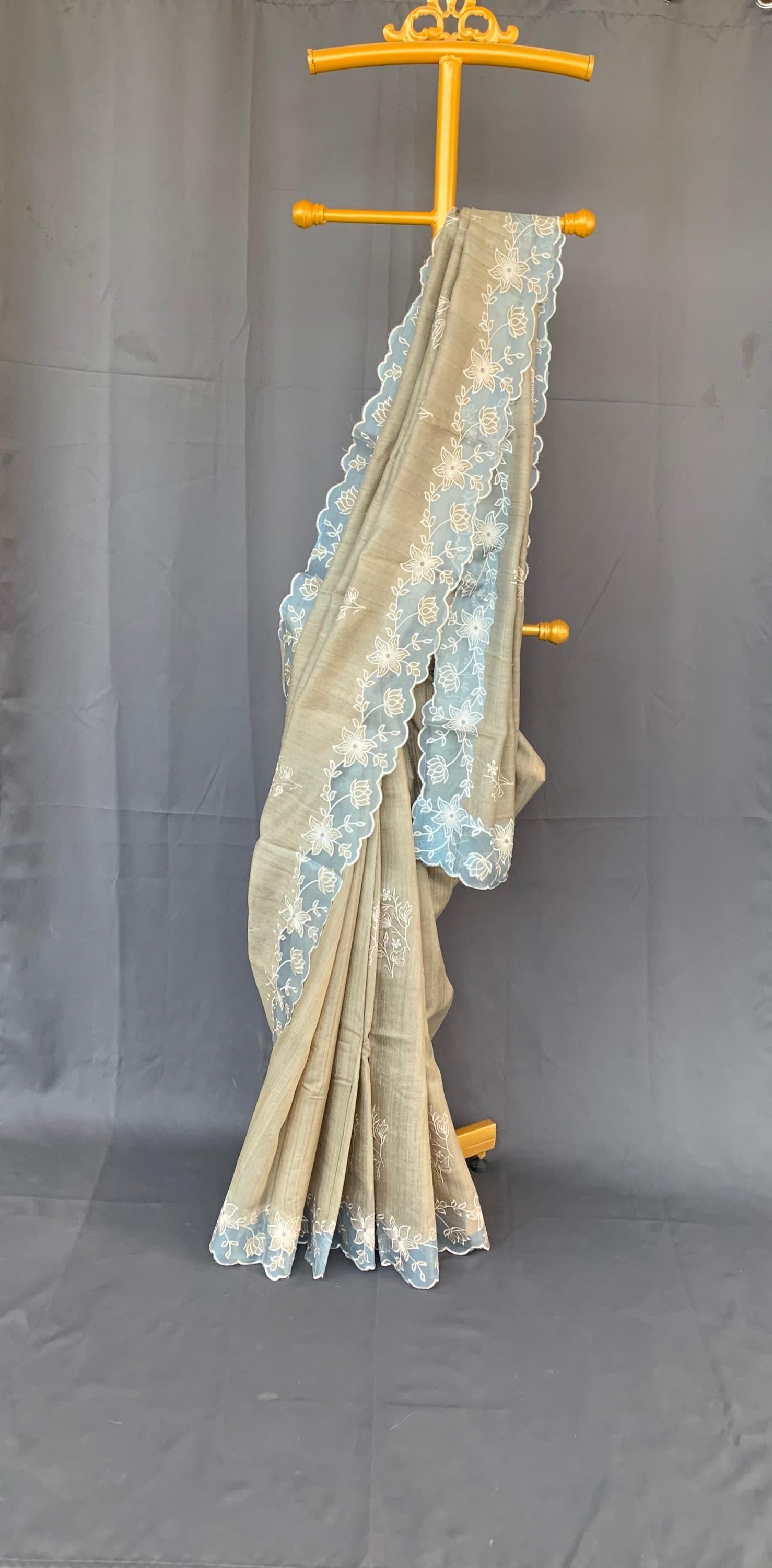 Pure handloom Tussar Designer Saree with Organza Applique Cutwork Border
