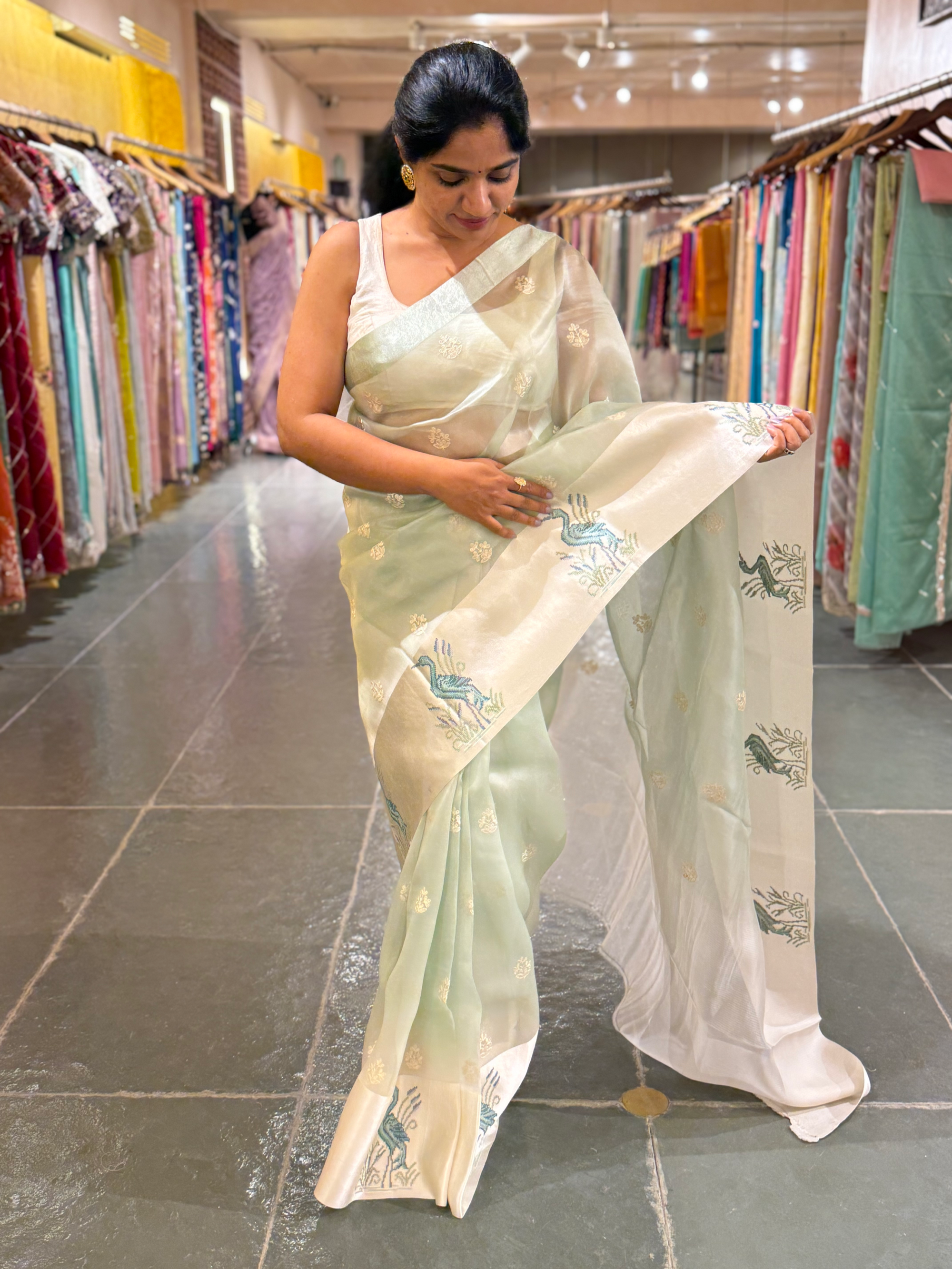 Mint Pure Organza Silk Saree with Petite Point Embriodered Swans Mashru Borders