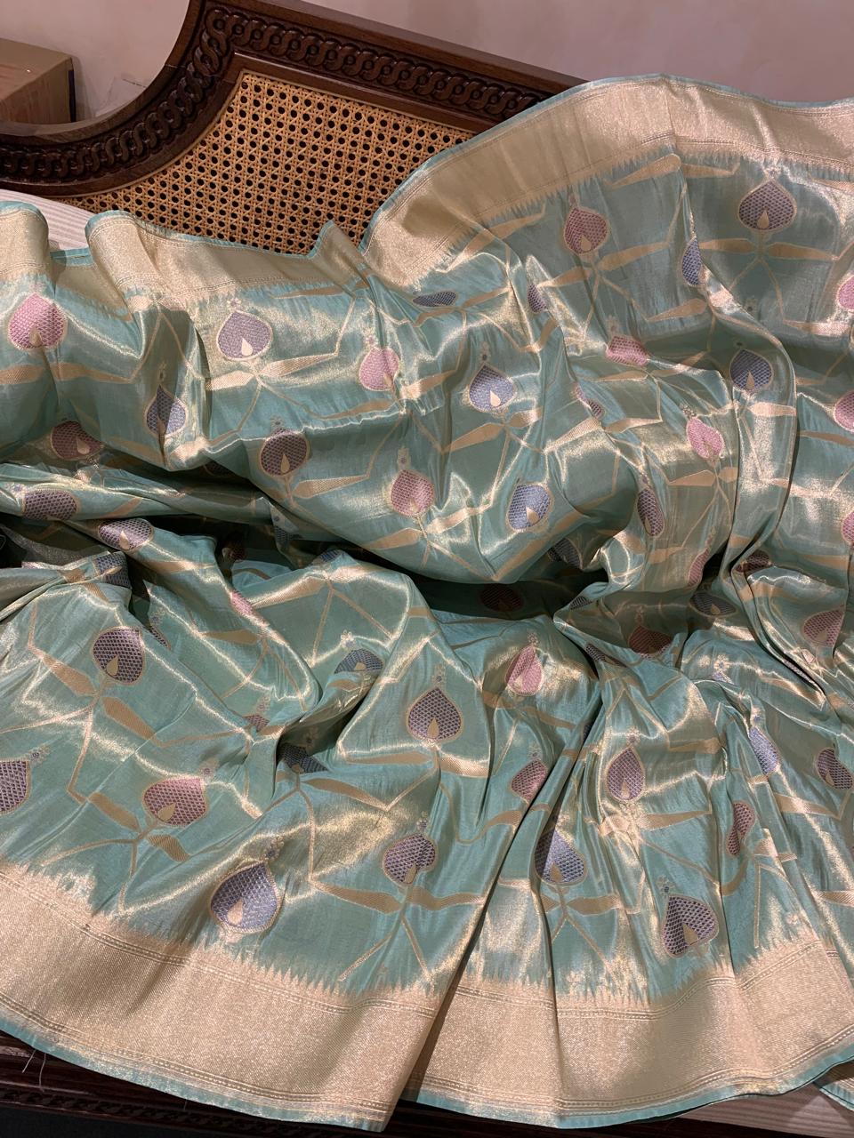 SBETM162 Teal Designer Banarasi Ektara Tissue Saree with allover meenkari jaal