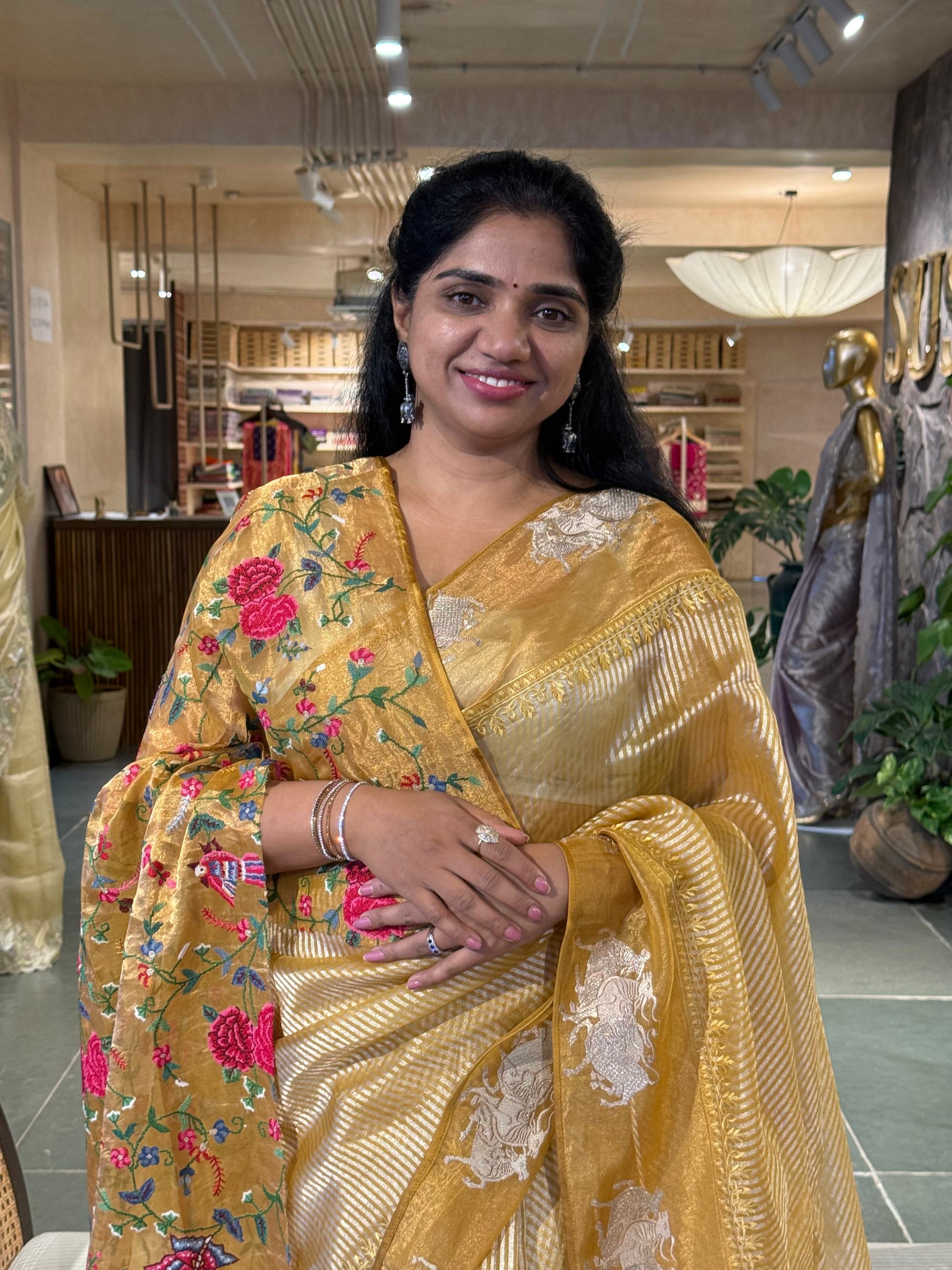 Mustard Tissue Stripes Saree with Nandi Border & Tissue Petite Point Blouse