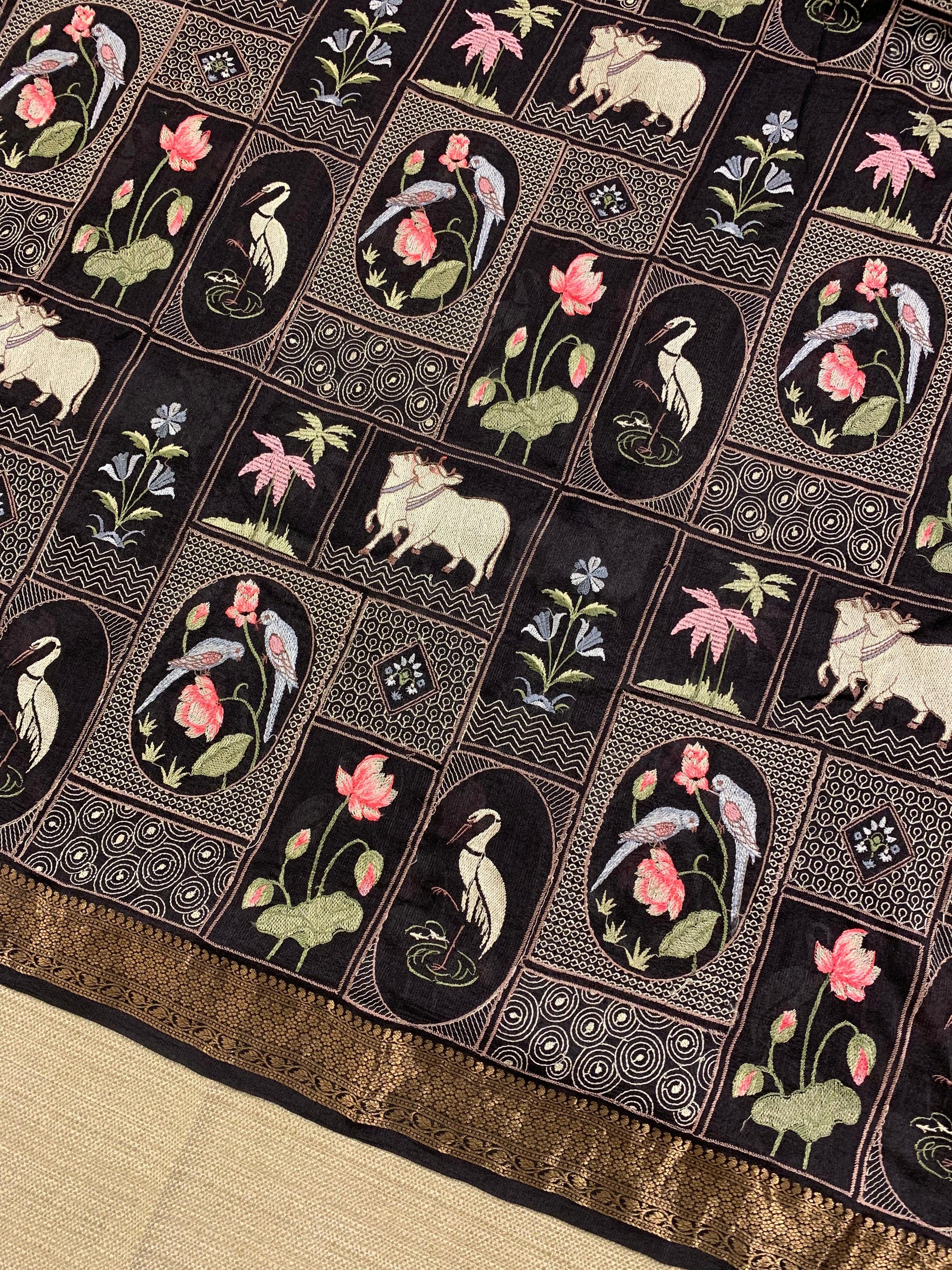 SMSEA109 Black Pure Handloom Munga Silk Saree with Pichwai Embroidery