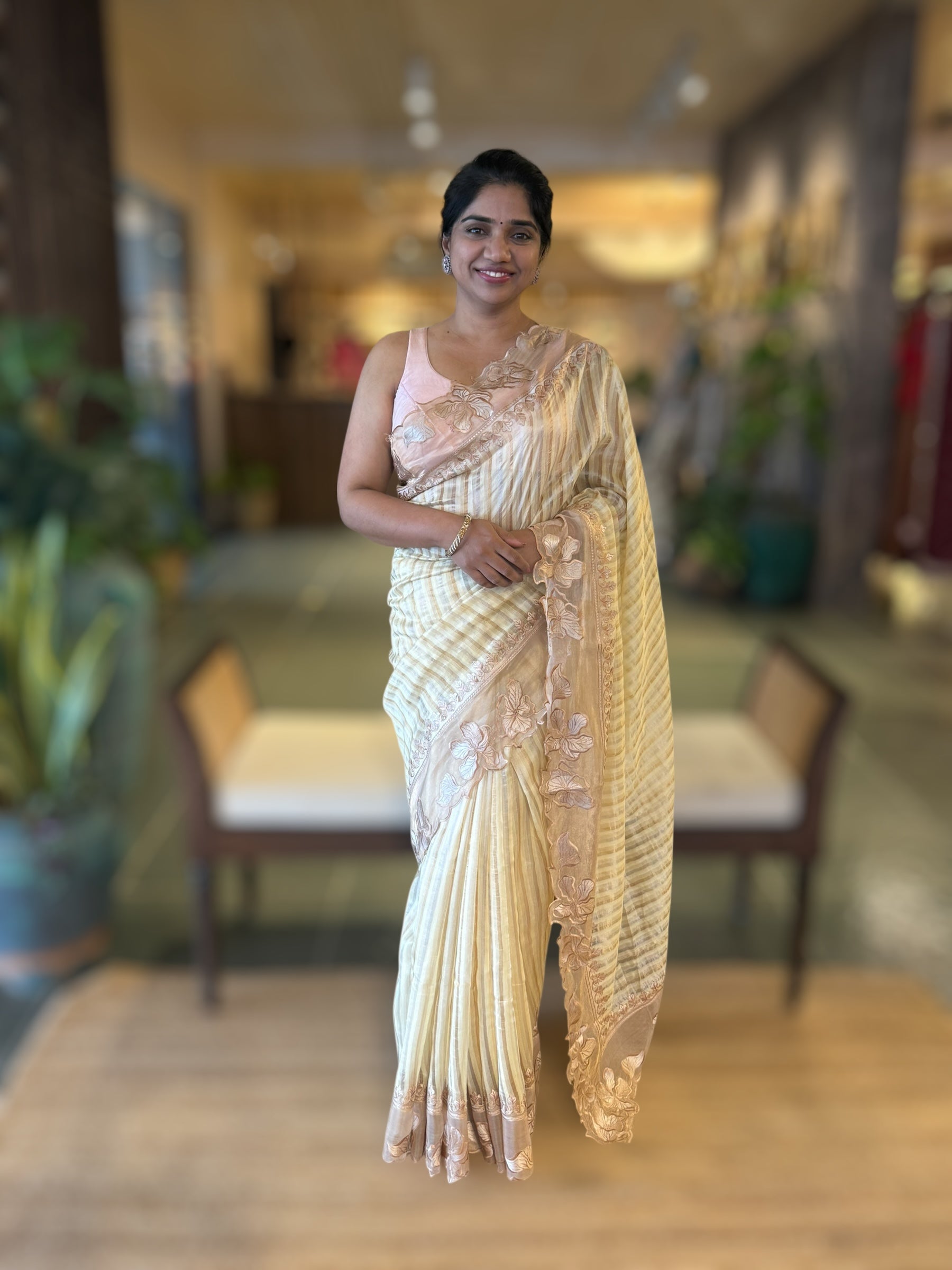 Pastel Yellow Mul Tissue Stripes Saree With Tissue Cutwork  Border & Blouse