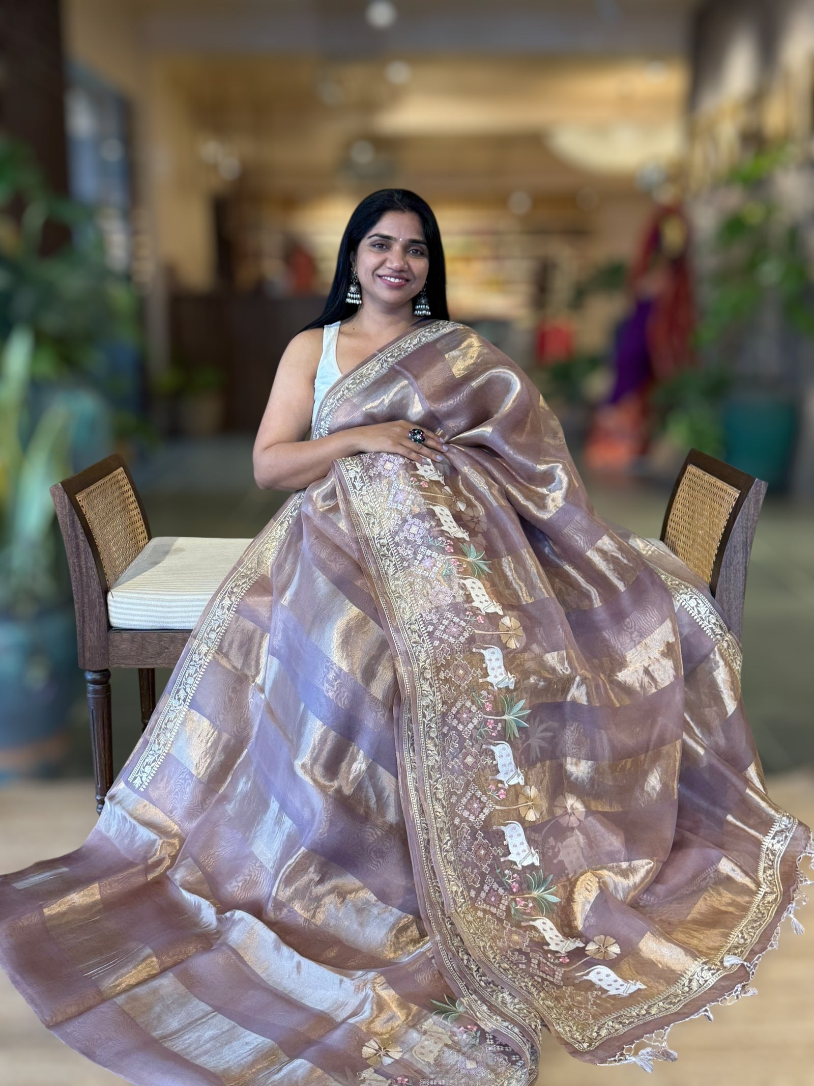 Mauve Kora Tissue Stripes Saree With Jamdani  & Pichwai embroidered Border