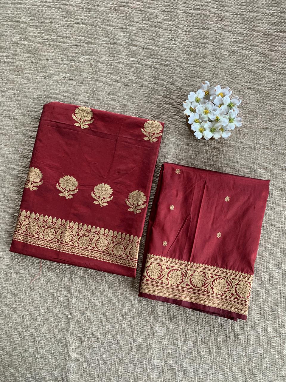 Meroon Katan Silk  3 pc Suit Set with  kaduwa weaving