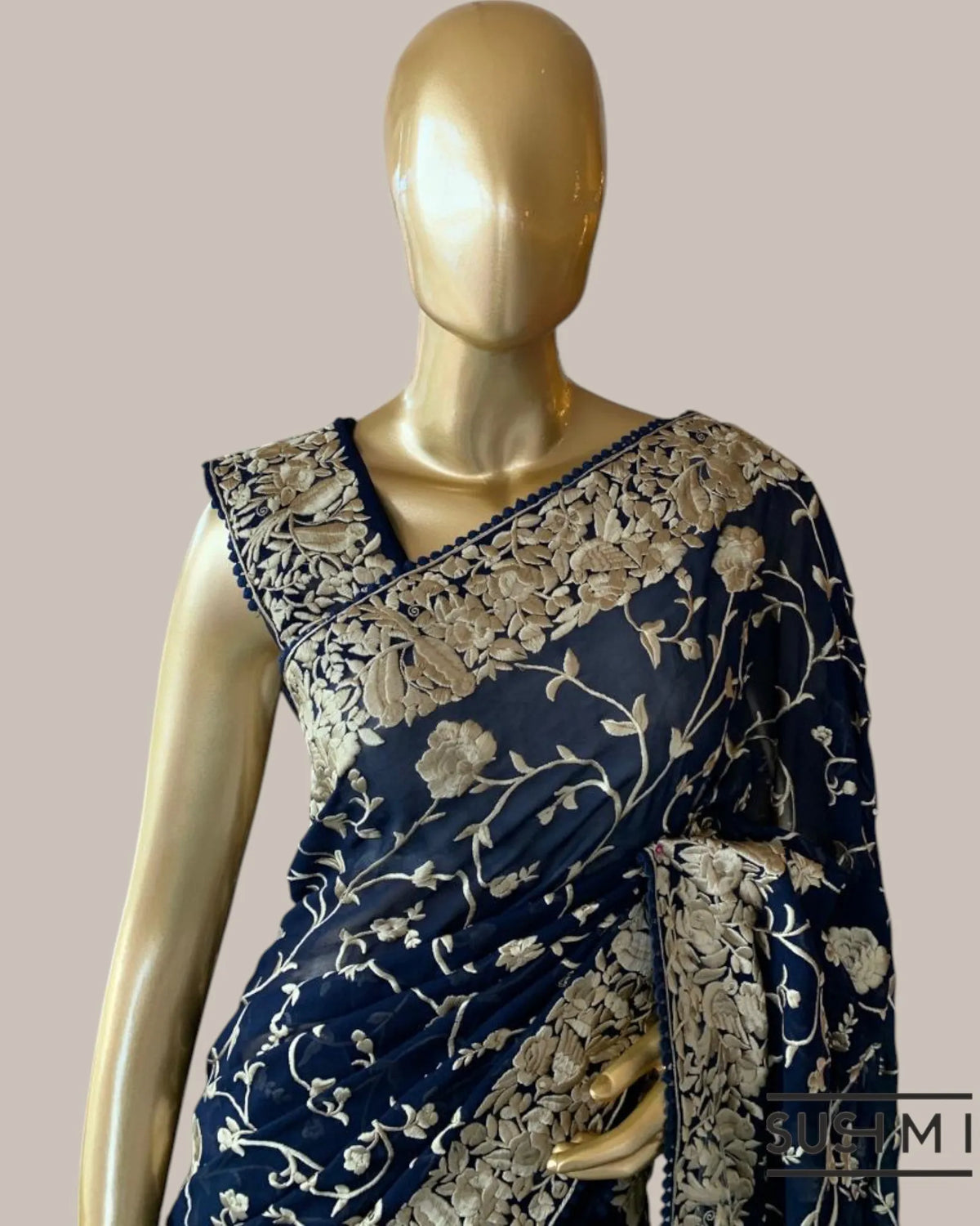 Midnight Blue Pure Gorgette Saree With Parsi Gara Style Allover Embroidery   Ori