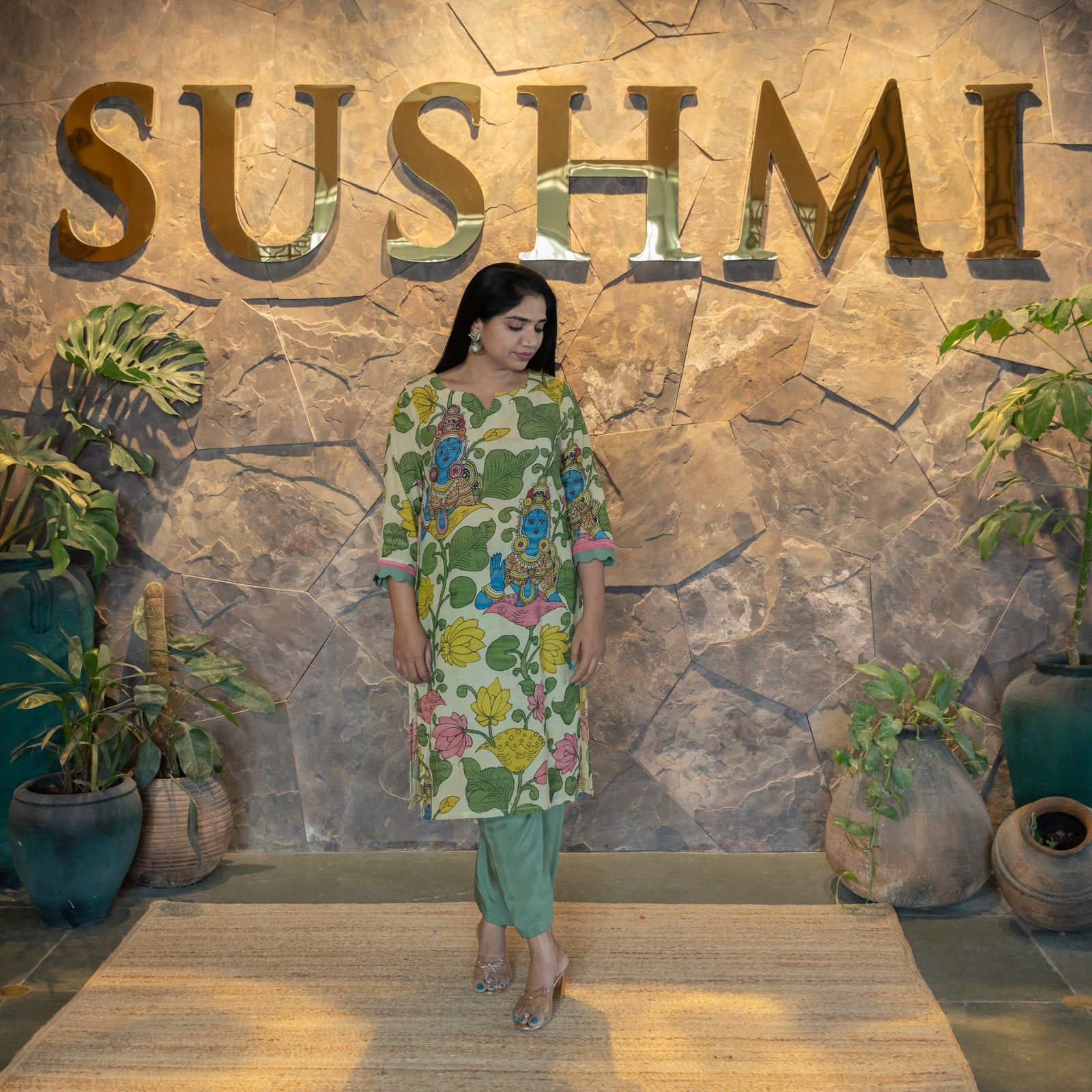 Goddess lakshmi concept Pen Kalamkari Silk Coordset