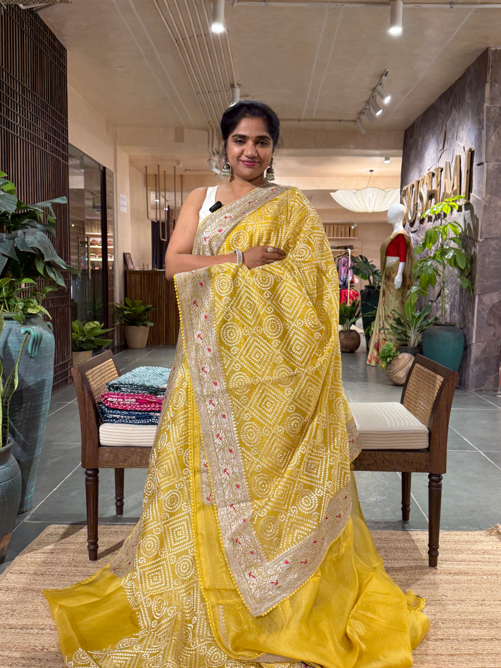 SOBBM179: Yellow Organza Banarasi with Bandhini Look Allover Embroidery