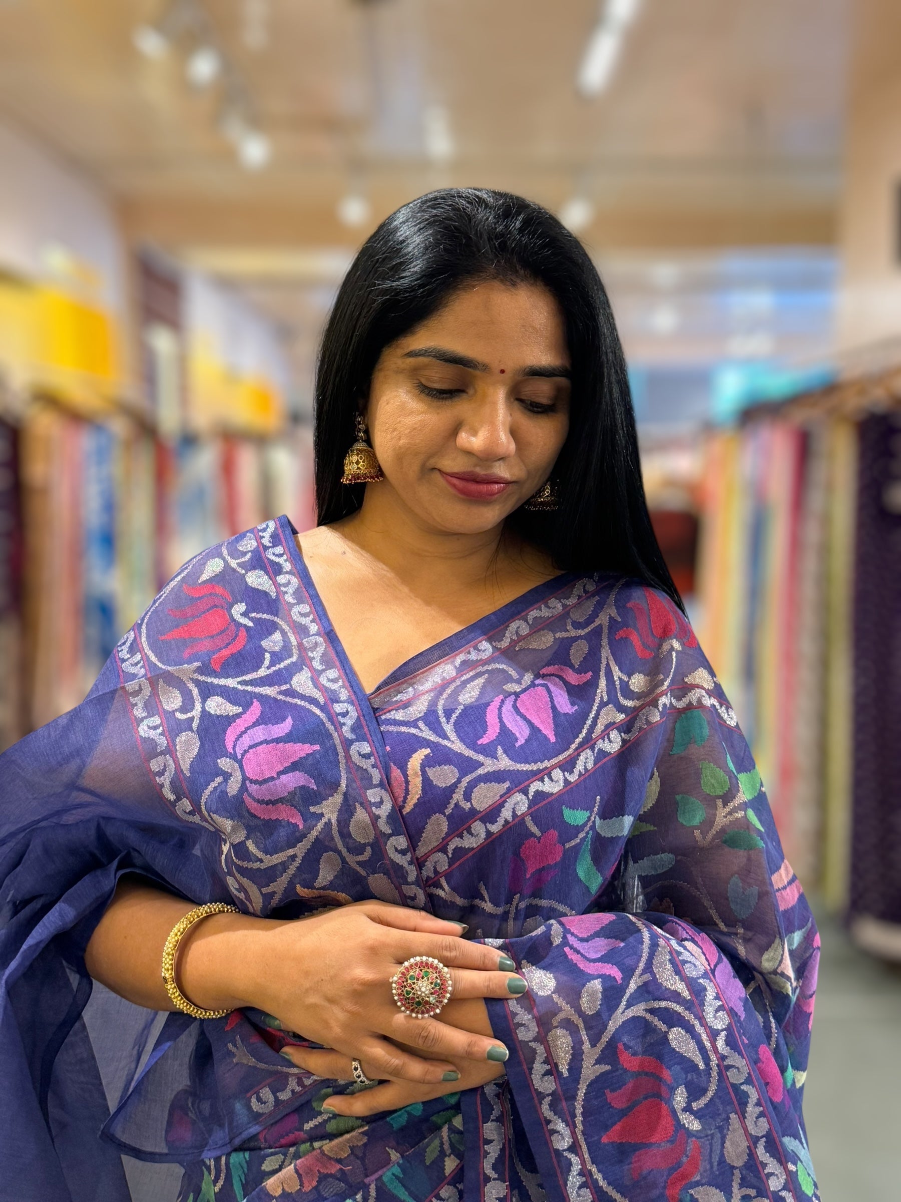Neelambari - Real Zari Banarasi Cotton Jamdani Saree