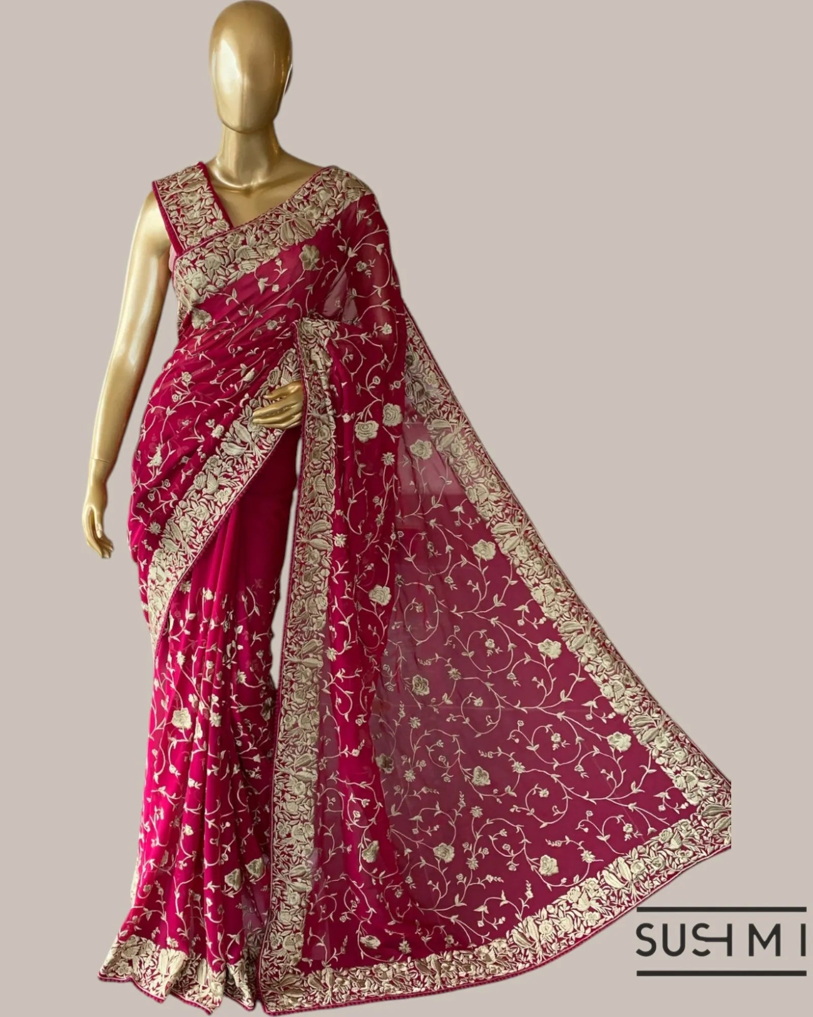 Ruby Red Pure Gorgette saree with parsi gara machine embroidery work allover   O