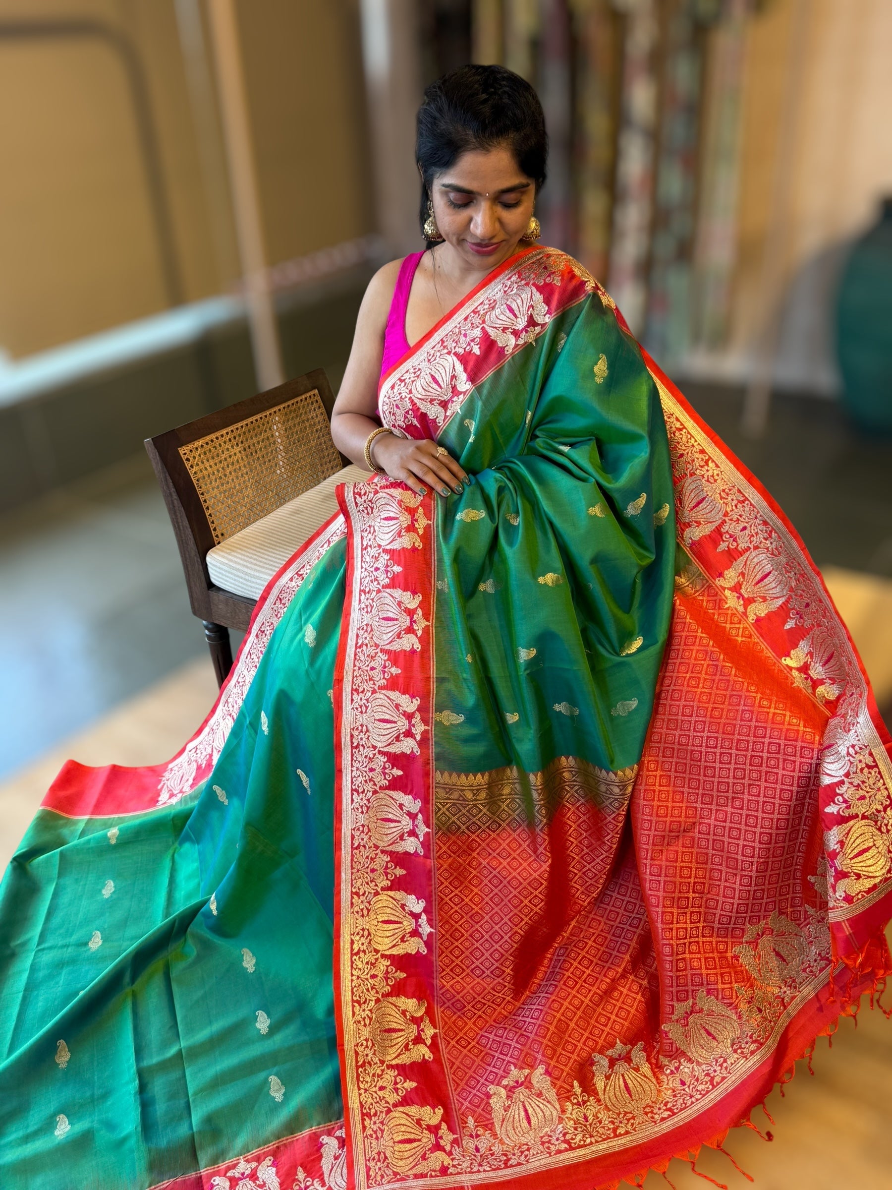 Emerald Green Kanchi Silk Saree in With Zari Meenakari Embroidered Border