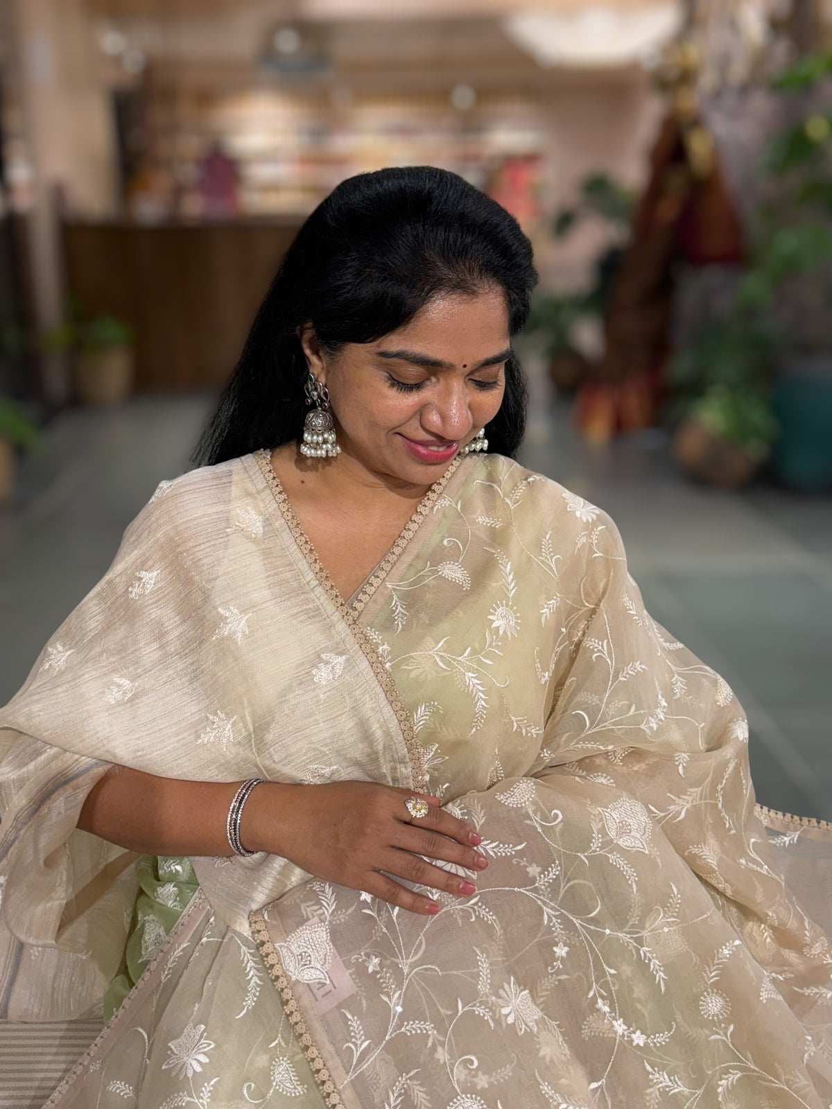 Beige Pure Handloom Muslin Saree with Allover chikankari & Jamdnai Pallus