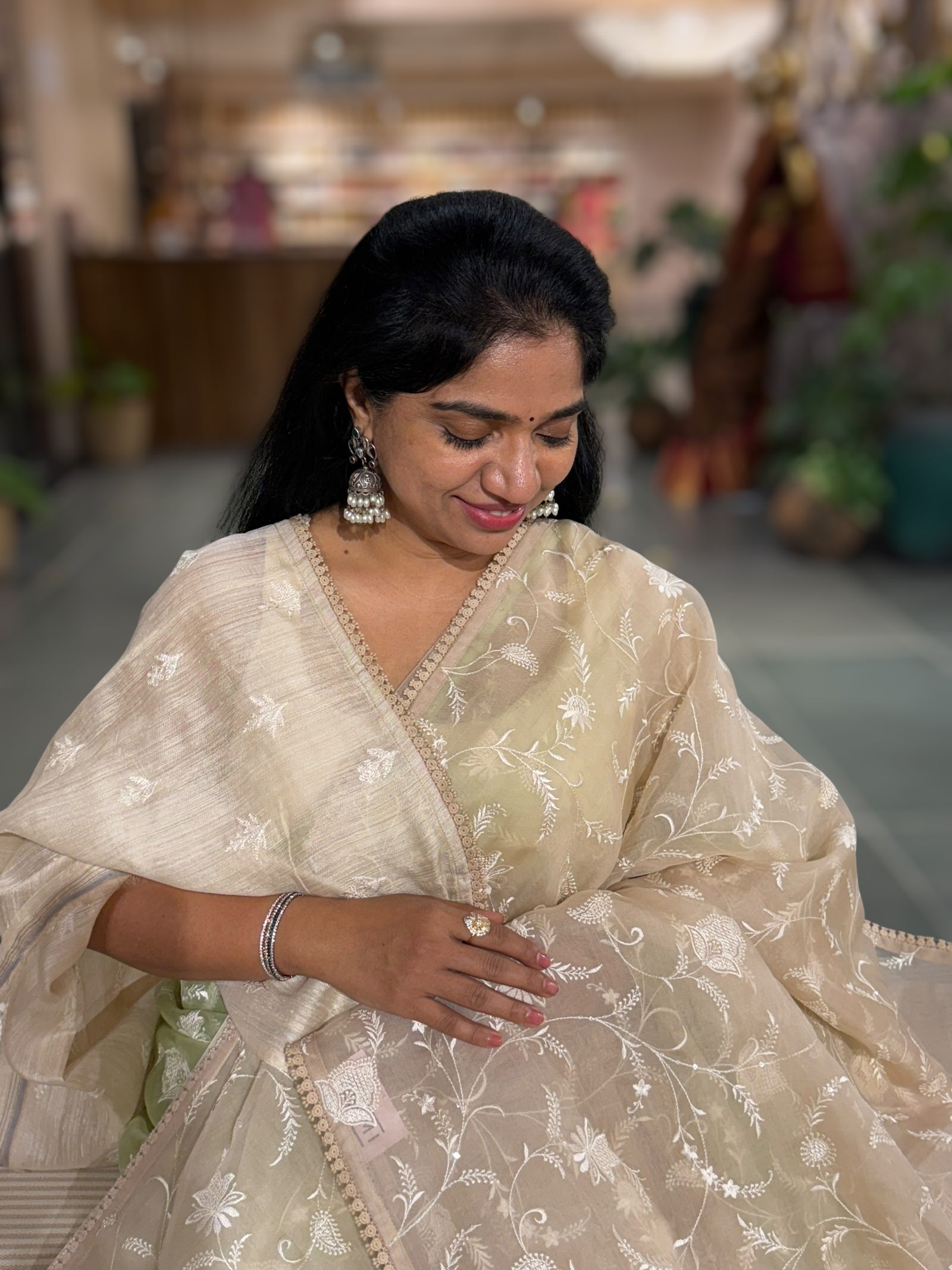 Beige Pure Handloom Muslin Saree with Allover chikankari & Jamdnai Pallus