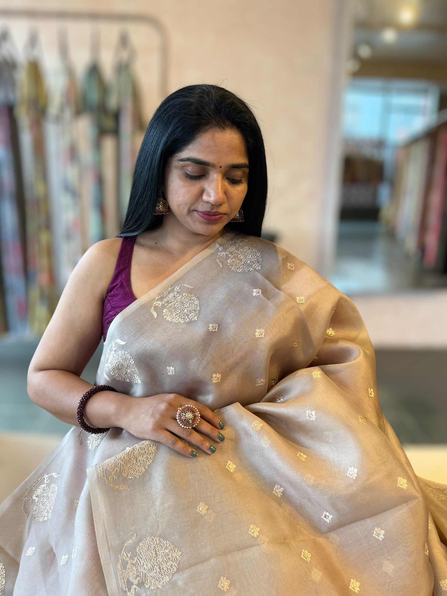 Dusty Tone Organza Saree wth Embroidered Open Border With Tussar Printed Blouse