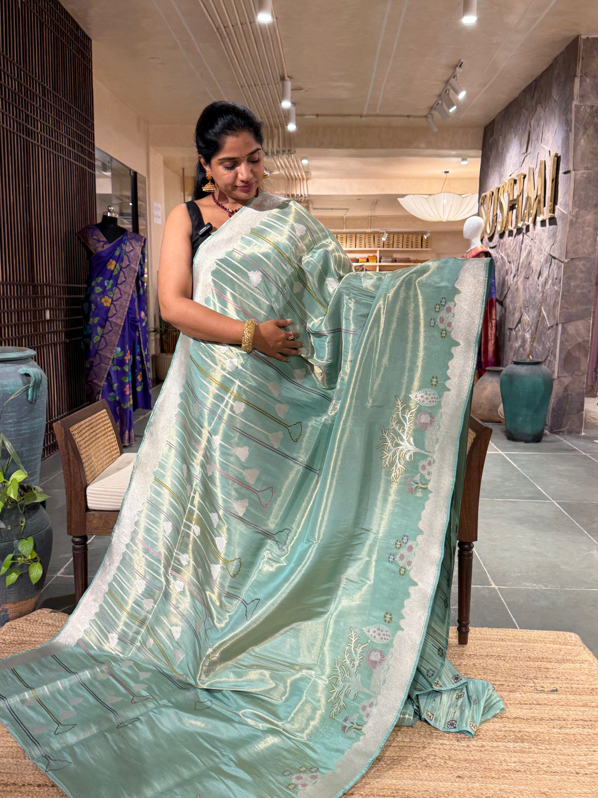 Sea Green Designer Ektara  Banarasi Tissue Silk Saree