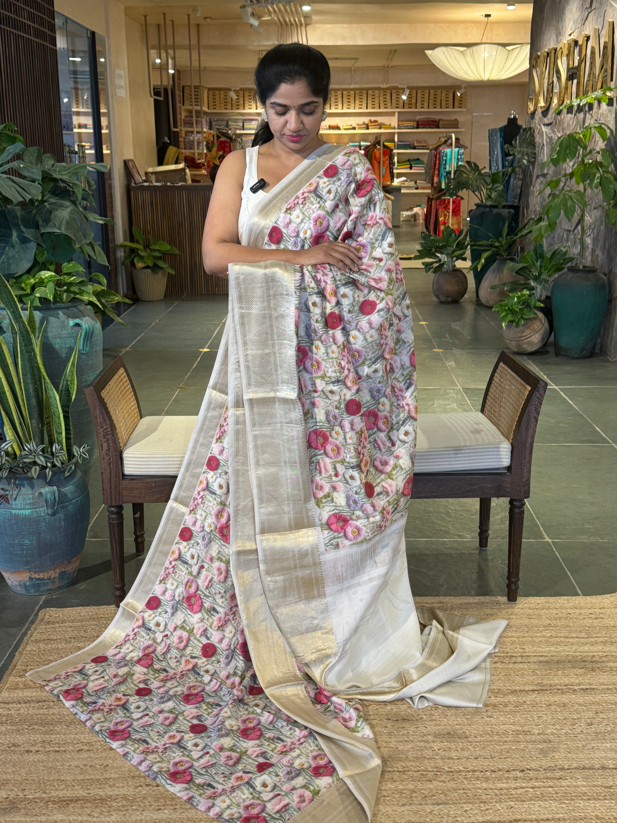 Banarasi Chiniya Silk Sarees with beautiful embroidery style 3D floral Print