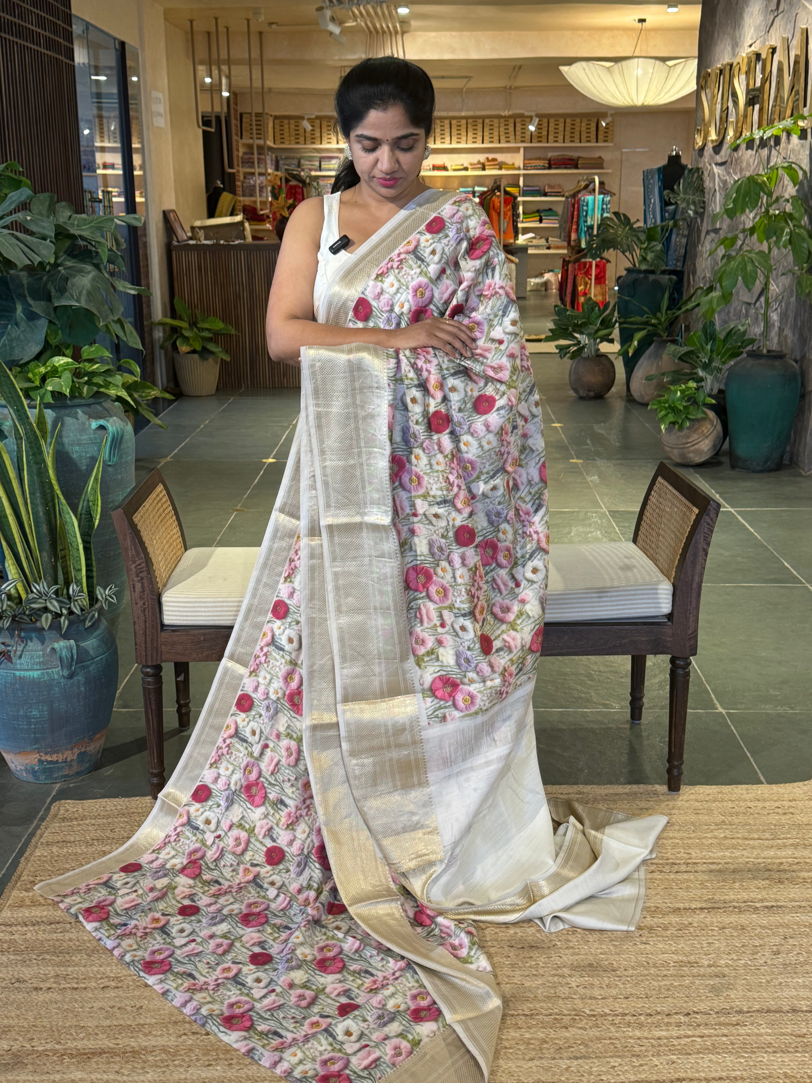 Banarasi Chiniya Silk Sarees with beautiful embroidery style 3D floral Print