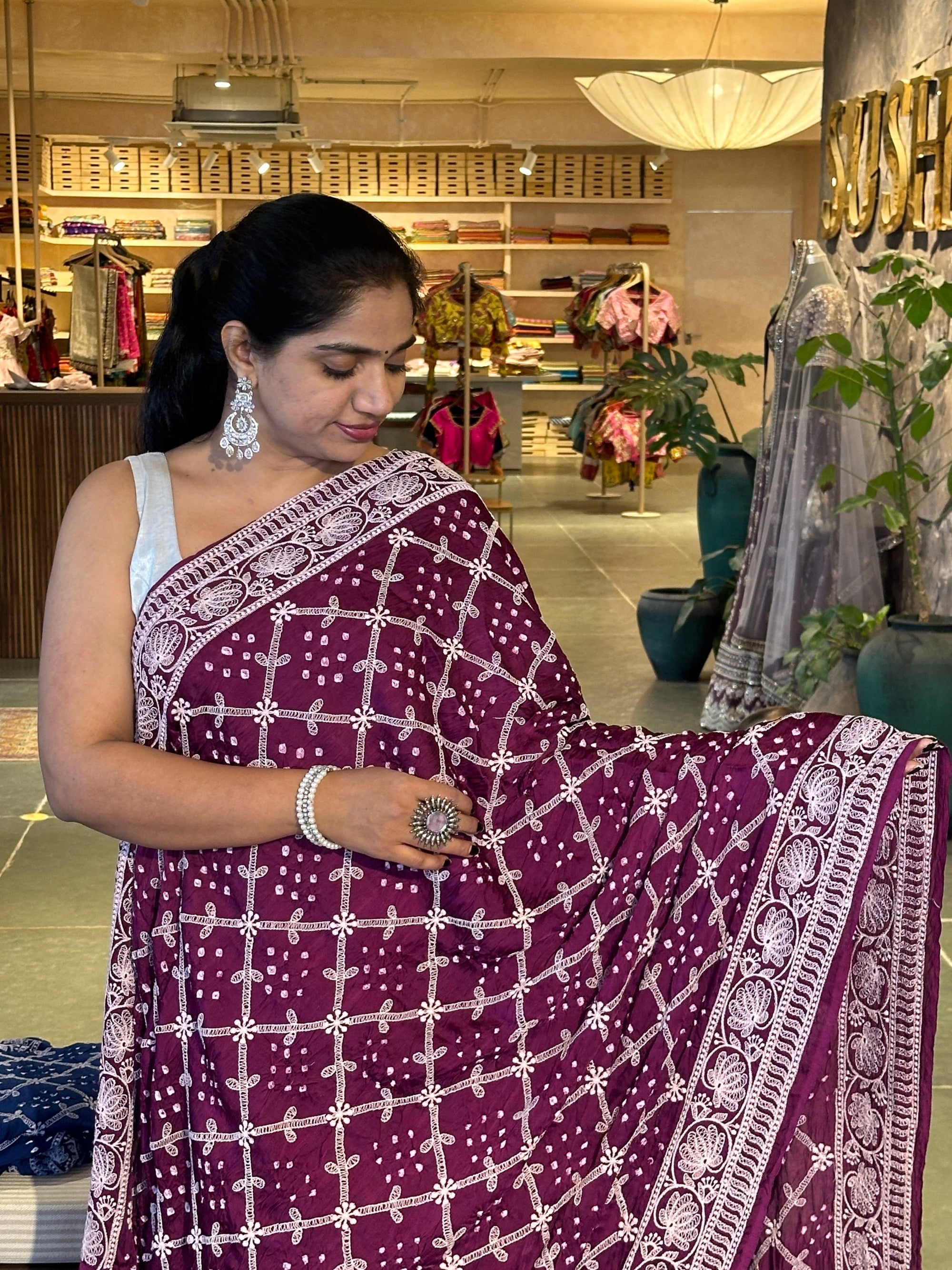 Bandhini and Chikankari Fusion Saree