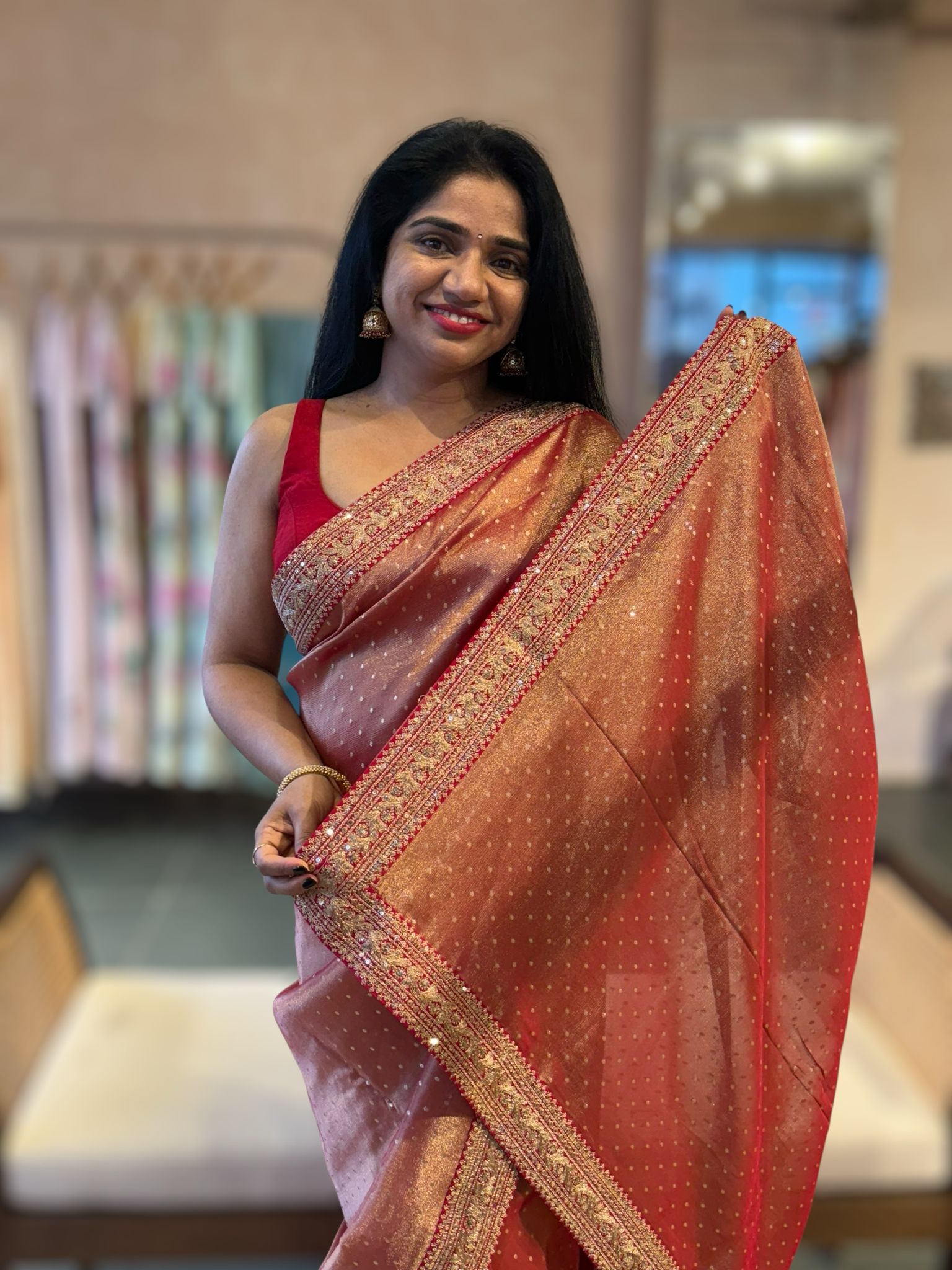 Red Tissue Gorgette saree witj sabyasachi borders and allover pitawork blouse