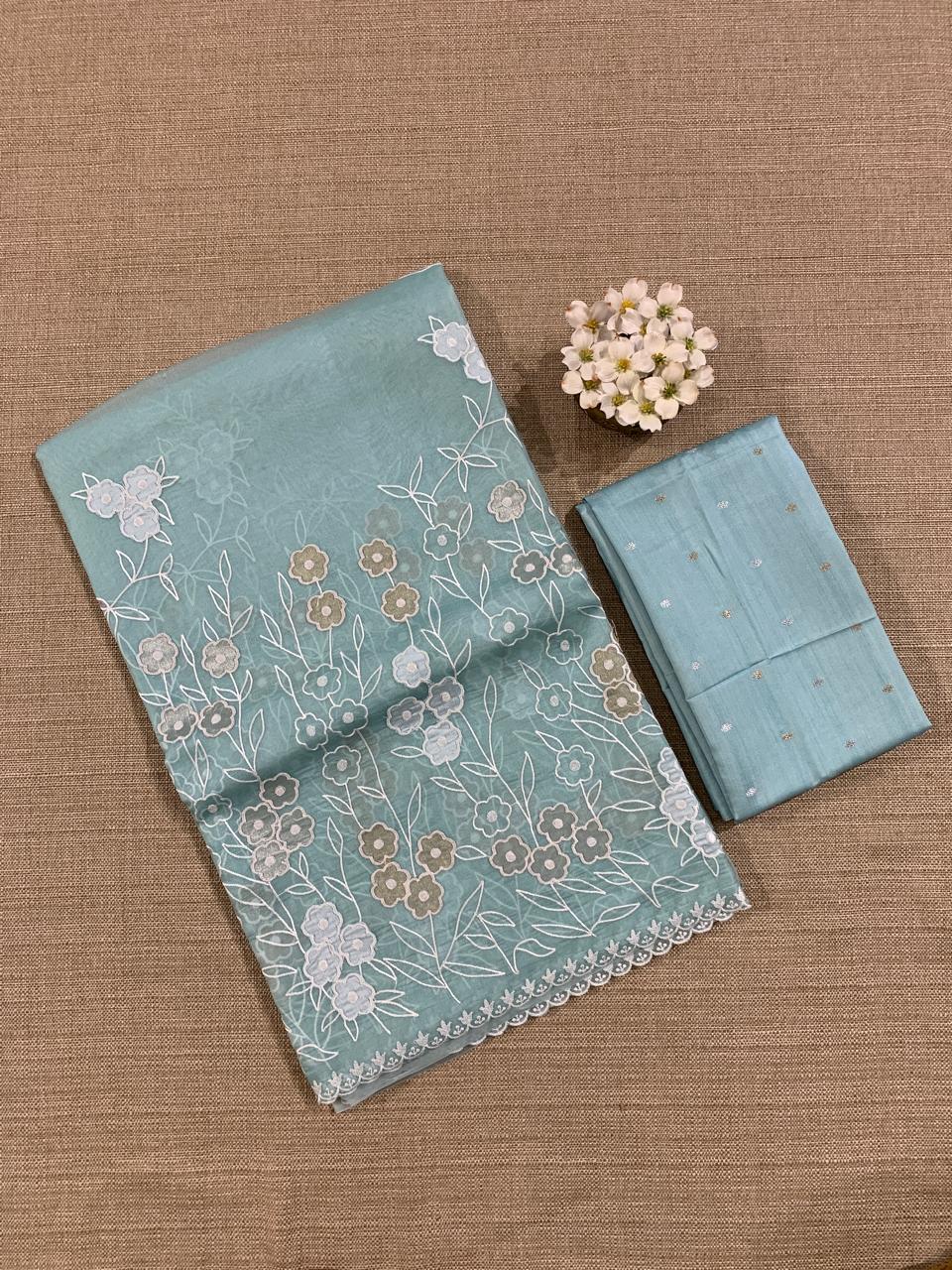 Baby Blue Organza Applique work Saree