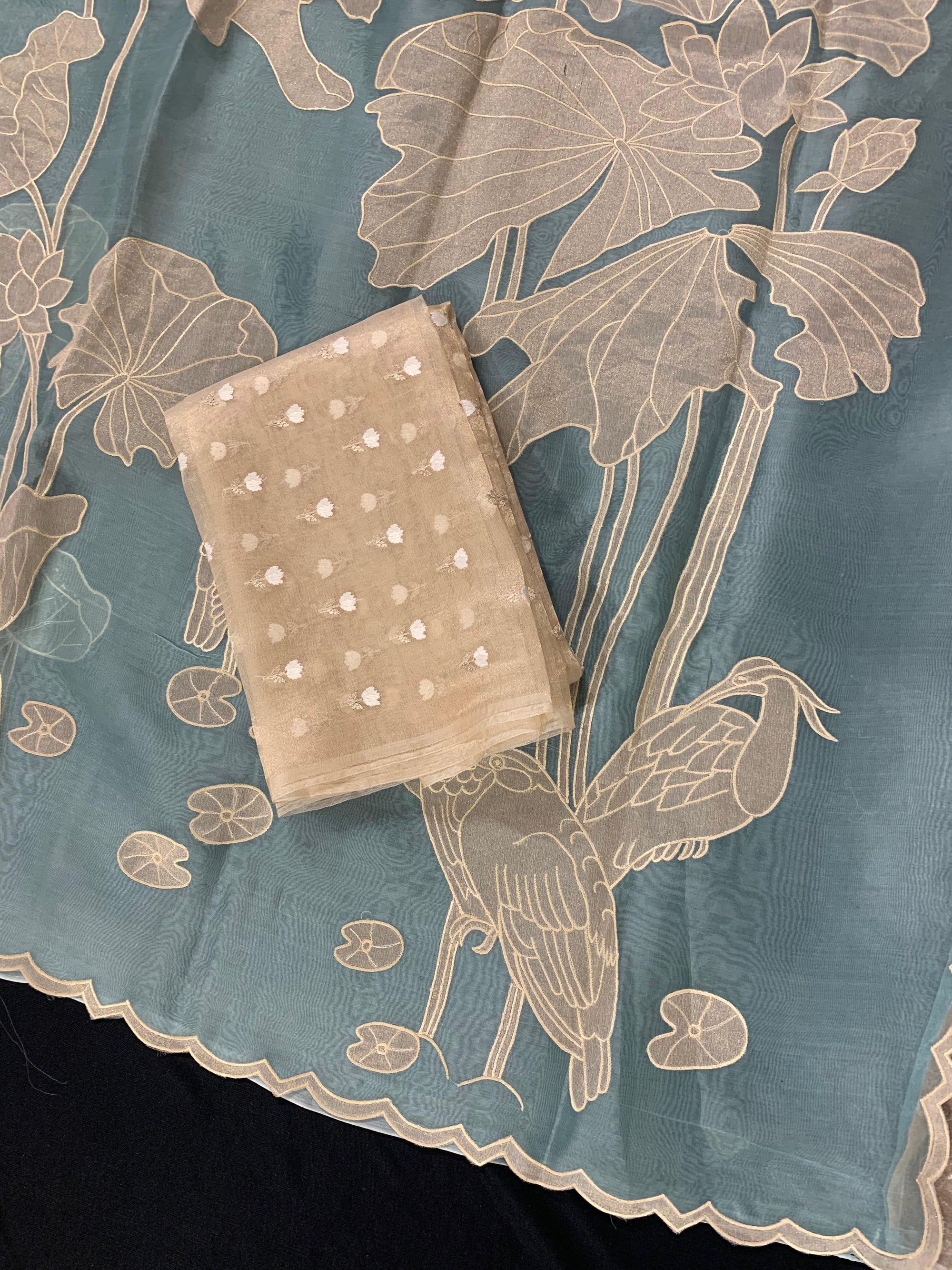 Sky Blue Pure Organza Designer Saree with Allover Tissue Applique Embroidery